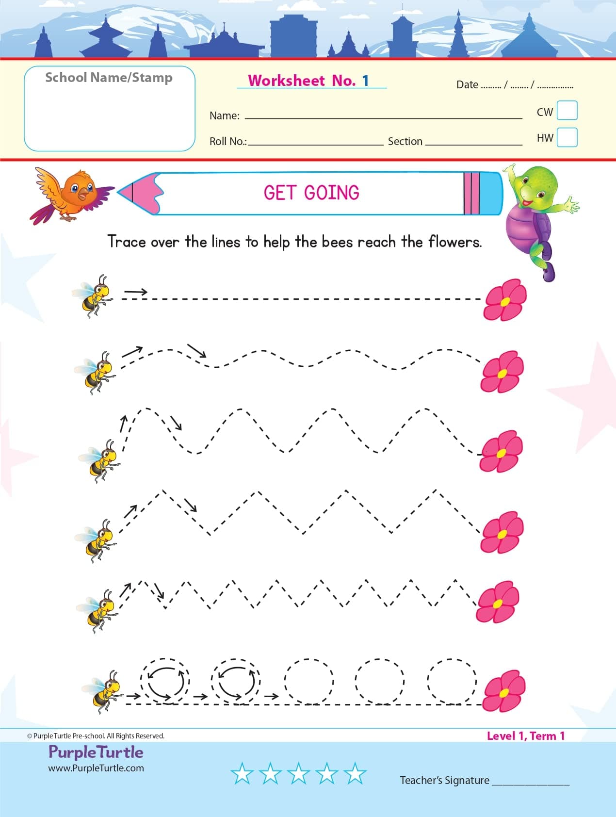 Purple Turtle Preschool Worksheets for Nursery - English, Maths & EVS - 100 Worksheets (100 Pages - 50 Leaves) for Early Learning