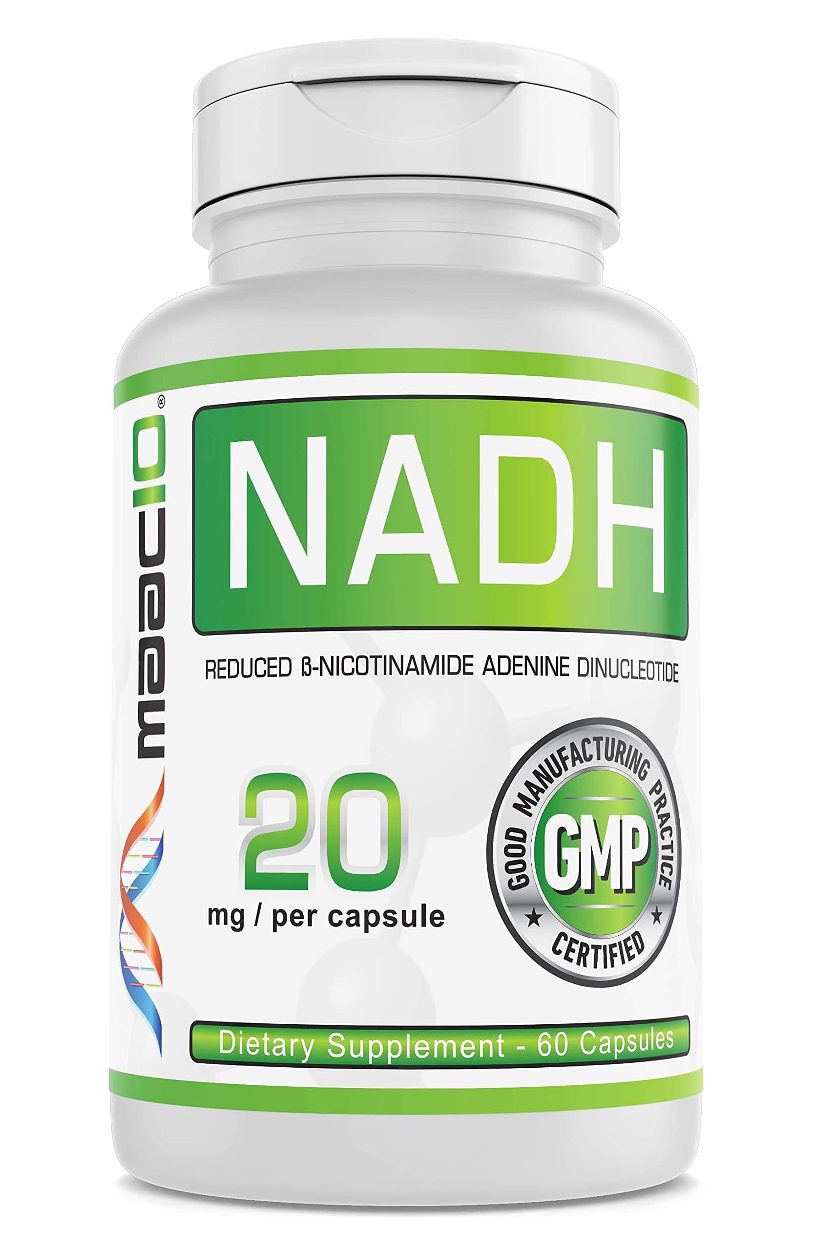 NADH Supplement 20mg Each 60 Capsules for Energy, Fatigue, Mental Focus & NAD+ Longevity Support | Pharmaceutical Grade 99% Pure NADH