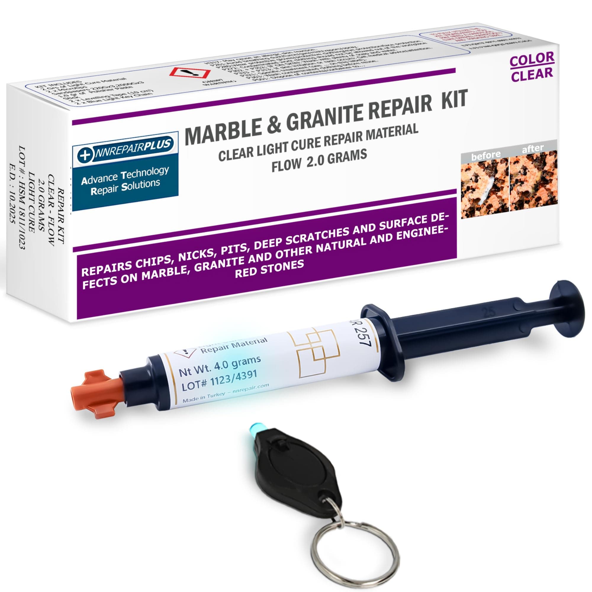 NNREPAIR Granite Repair Kit (Clear/Transparent) I Suitable for Most Repairs I Also for Tile, Countertop, Fiberglass, Porcelain & Ceramic Surfaces I Fix Broken Chips & Cracks in Minutes