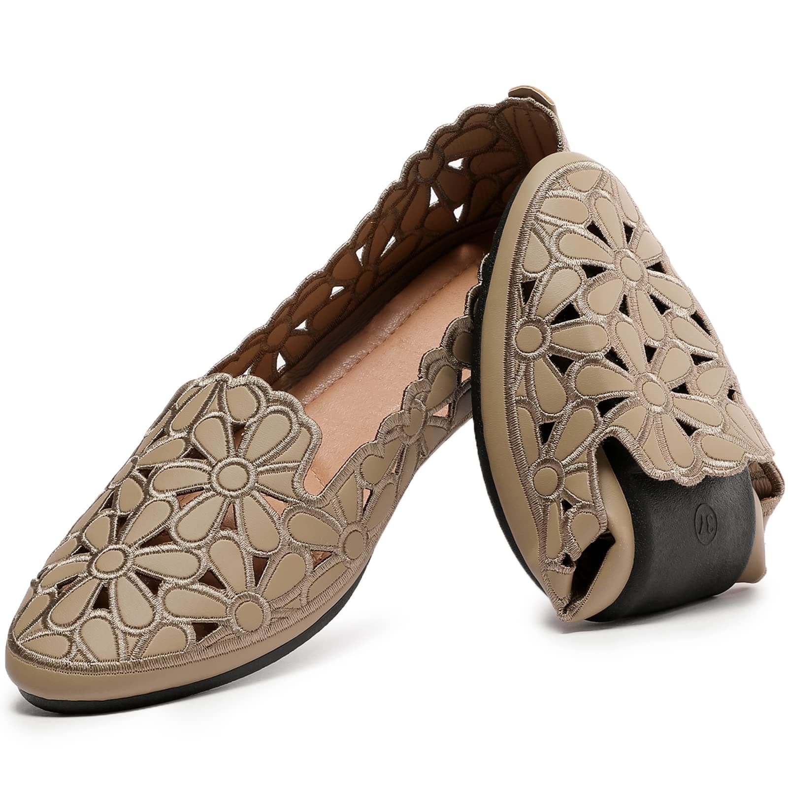 HEAWISH Women's Floral Ballet Flats for Women Black Beige Slip On Flowers PU Leather Round Toe Dress Shoes