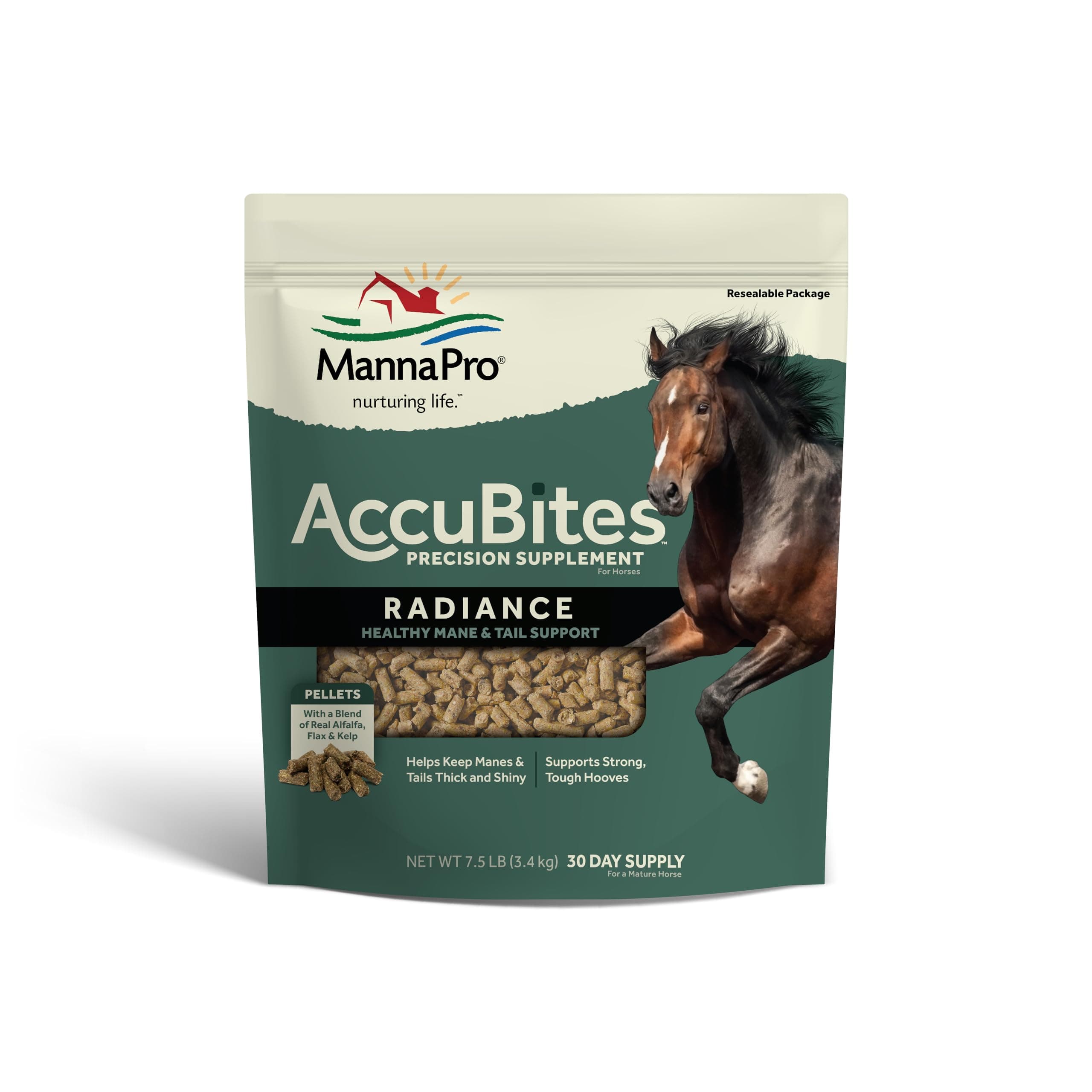 Manna Pro AccuBites Radiance Equine Supplement – Skin & Coat, Essential Vitamins & Hoof Health for Horses – Packed with Omega 3, 6, & Biotin – Main & Tail Maintenance – Alfalfa Flavored – 7.5 lbs