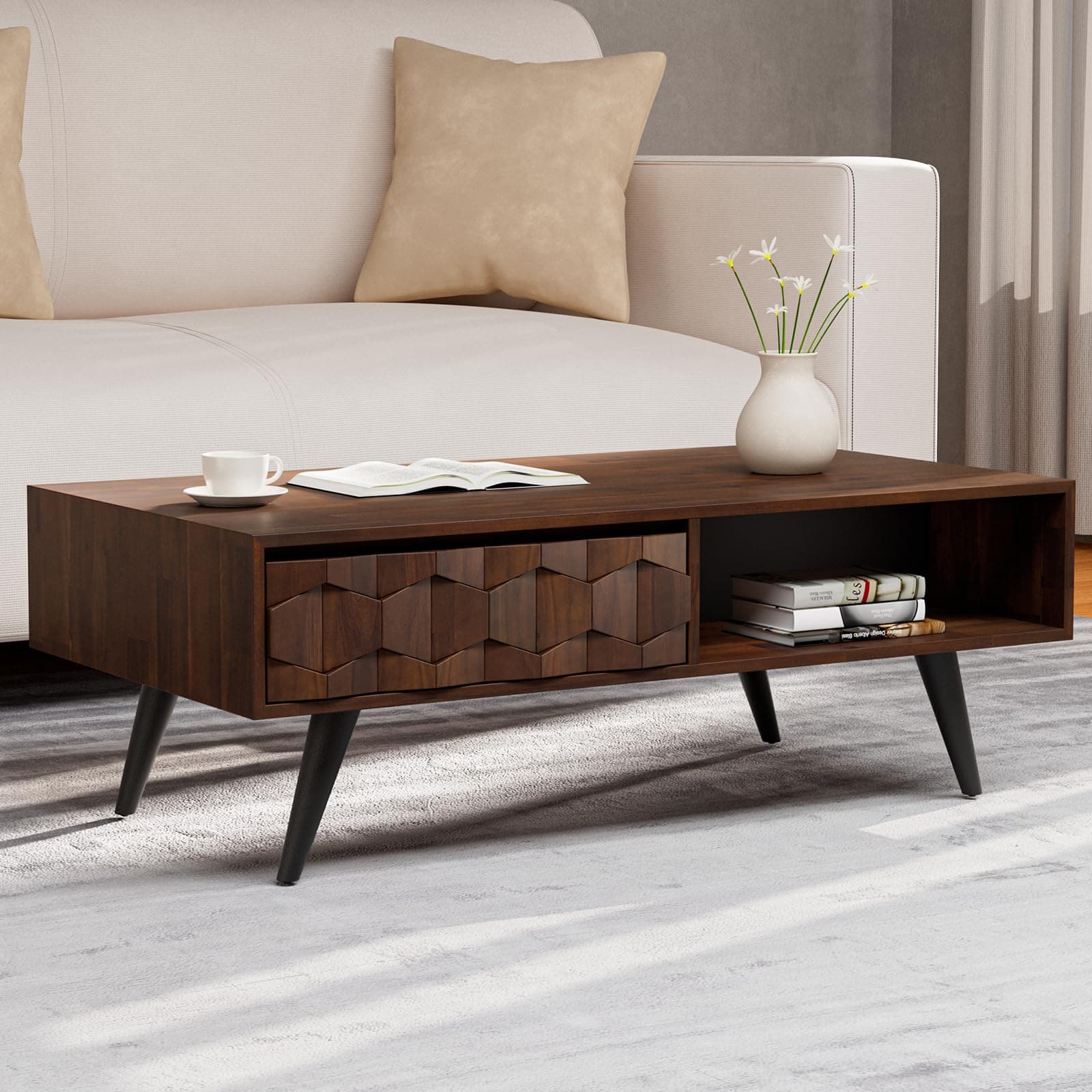 Bme Walnut Georgina Solid Wood Coffee Tables, Mid Century Modern Living Room Furniture with 2 Storage Drawers & Geometric Pattern, Fully Assembled Center Desk