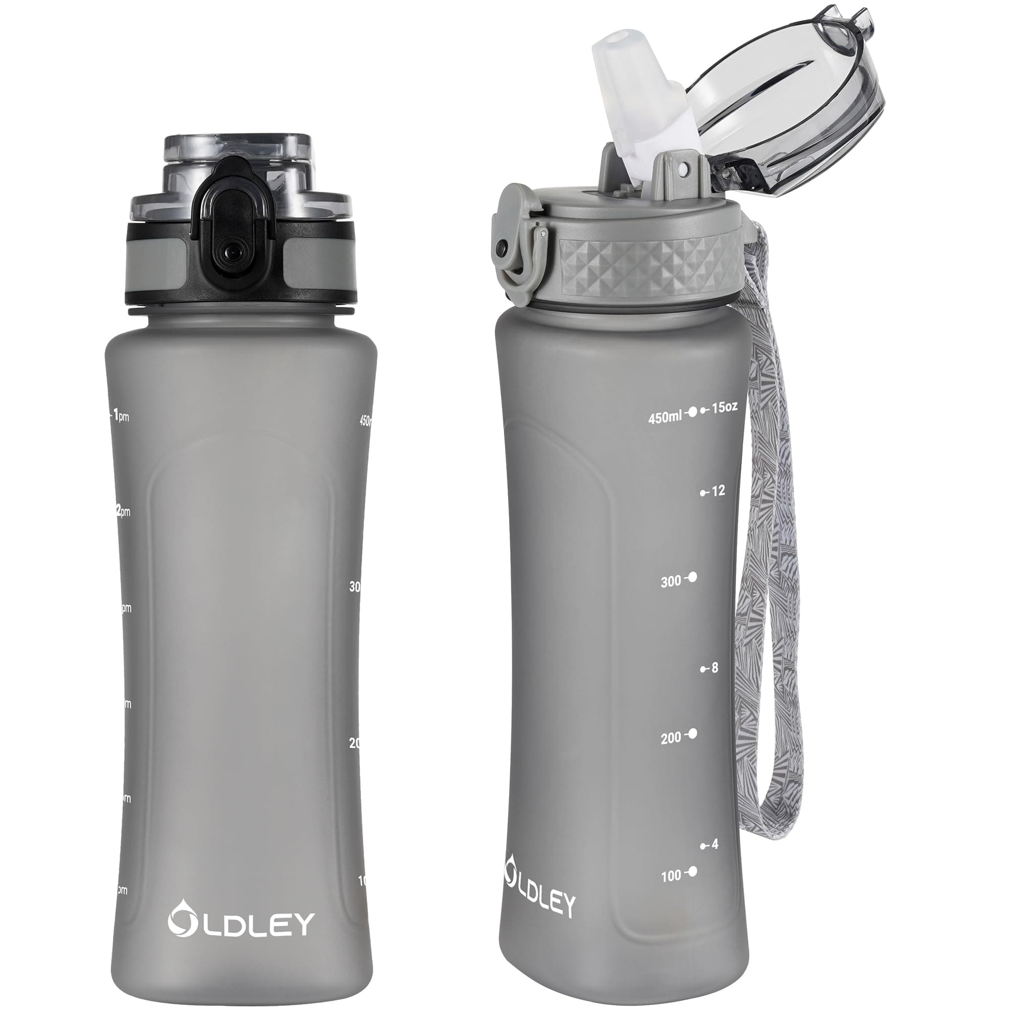 OLDLEY Kids Water Bottle for School with Straw Chug Lid, 15 oz Unbreakable Leak-Proof BPA-Free Motivational Water Bottles with Time Marker for Travel Sports Gym, 2 Lids, Grey