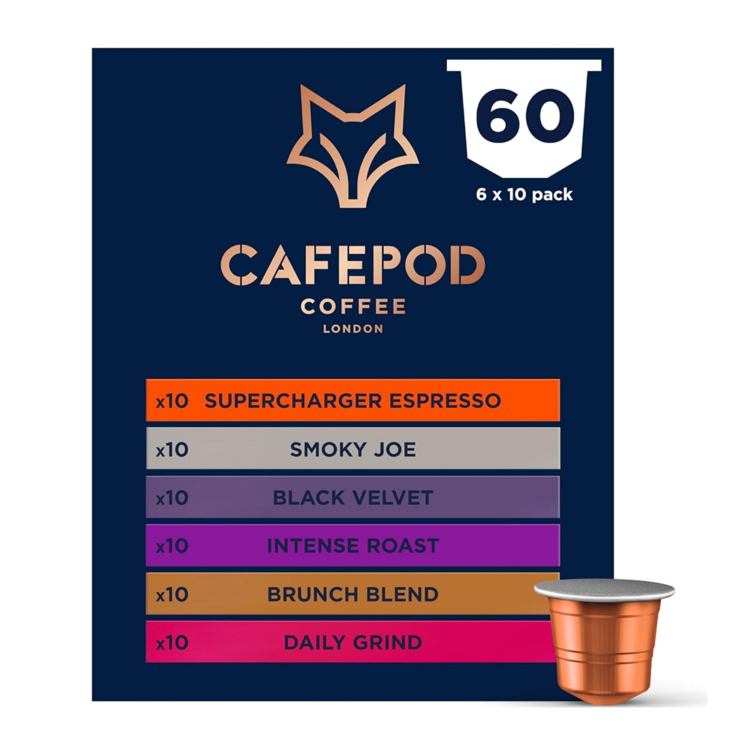 CafePod Lungo and Espresso Coffee Pods - 60 Capsules, Strong Blends Variety Pack, Compatible with Nespresso Coffee Machine - Rainforest Alliance Sourced