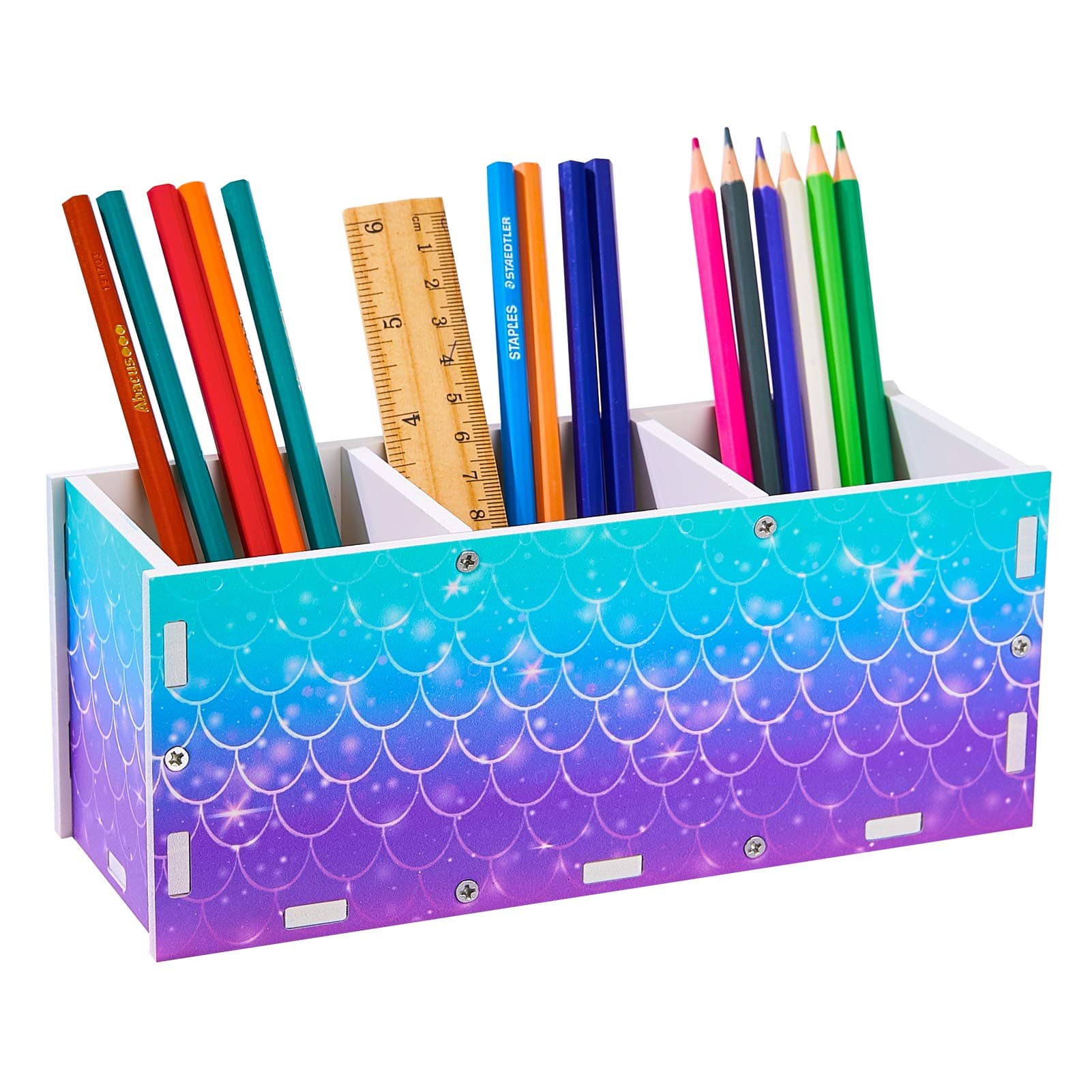 Basumee Pencil Holder for Desk Kids Unicorn Pen Holder Makeup Brush Pot Desk Tidy Home Office Use Desk Organizer 3 Slots,Blue Purple Scales