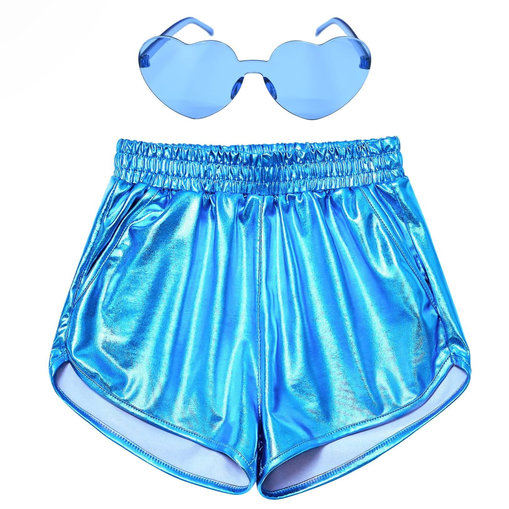 PerfashionGirls Metallic Shorts Shiny Hot Short Sparkly Party Pants &Sunglasses