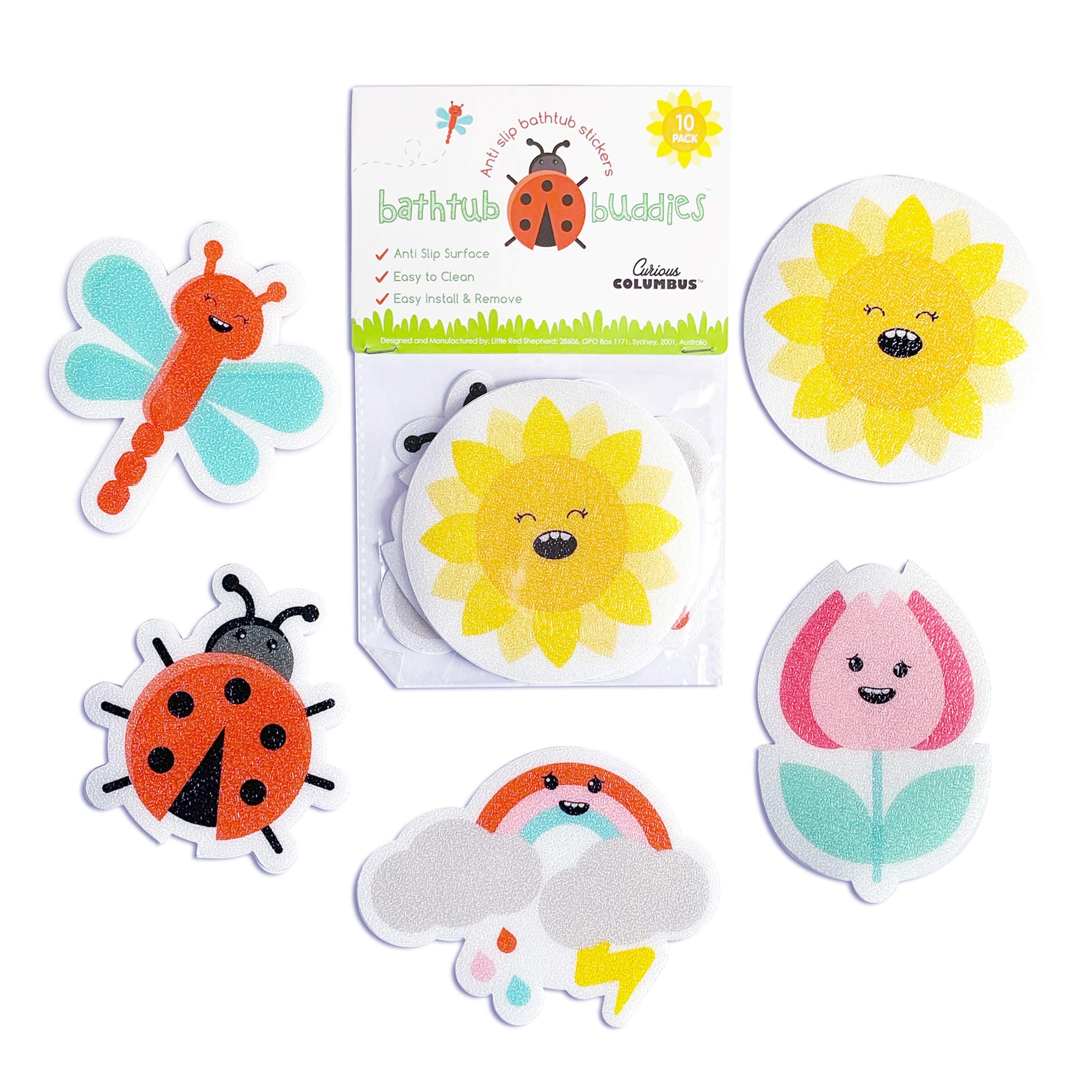 Curious Columbus Non-Slip Bathtub Stickers for Kids (Summer Garden Design) Pack of 10 Treads. Adhesive Bathtub Appliques. Anti Skid, Anti-Slip Tattoos.