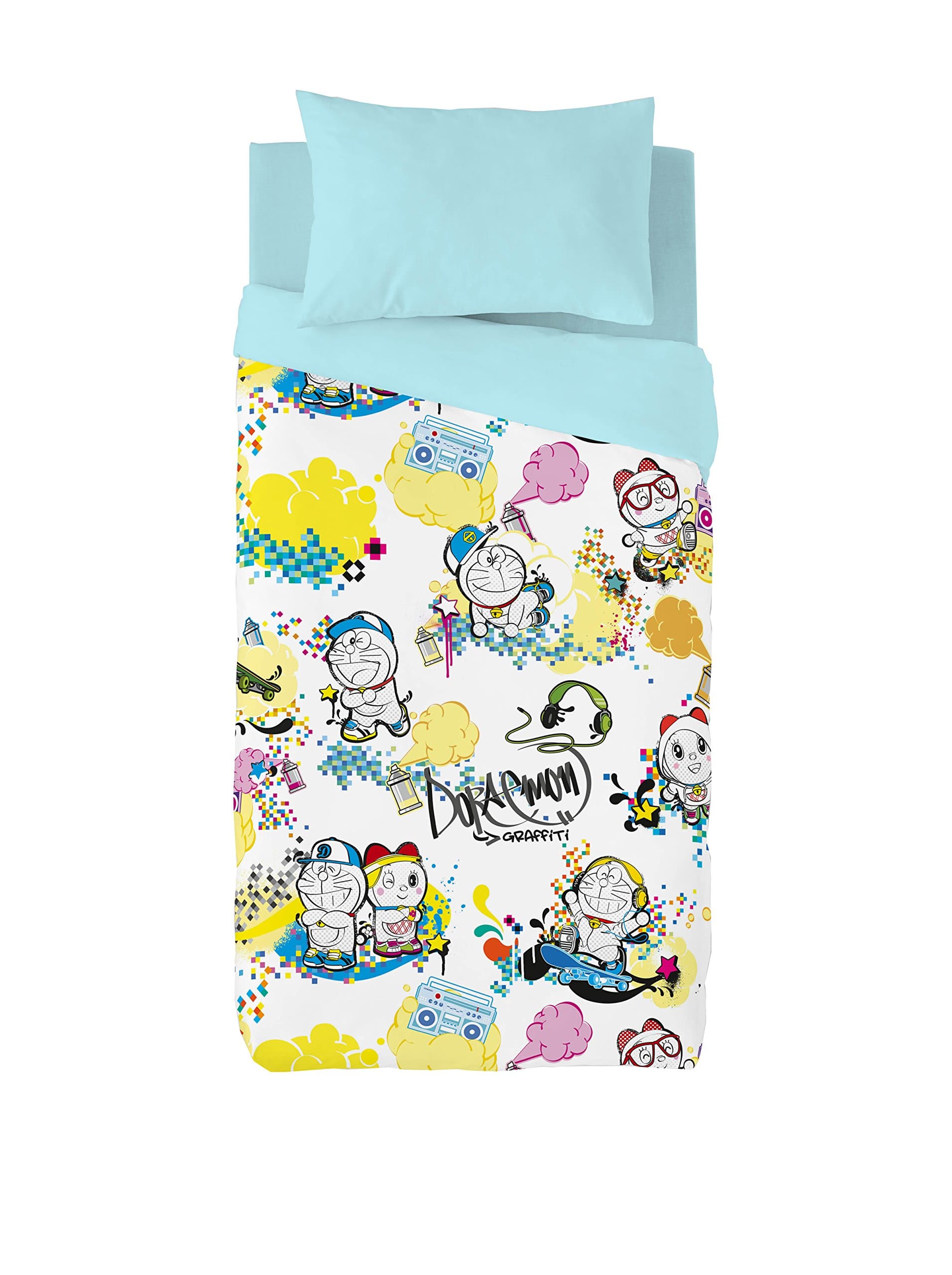 Licenses Euromoda Duvet Cover Set Doraemon Spray Blue/Multicolour 150 x 220 + 145 X110 cm