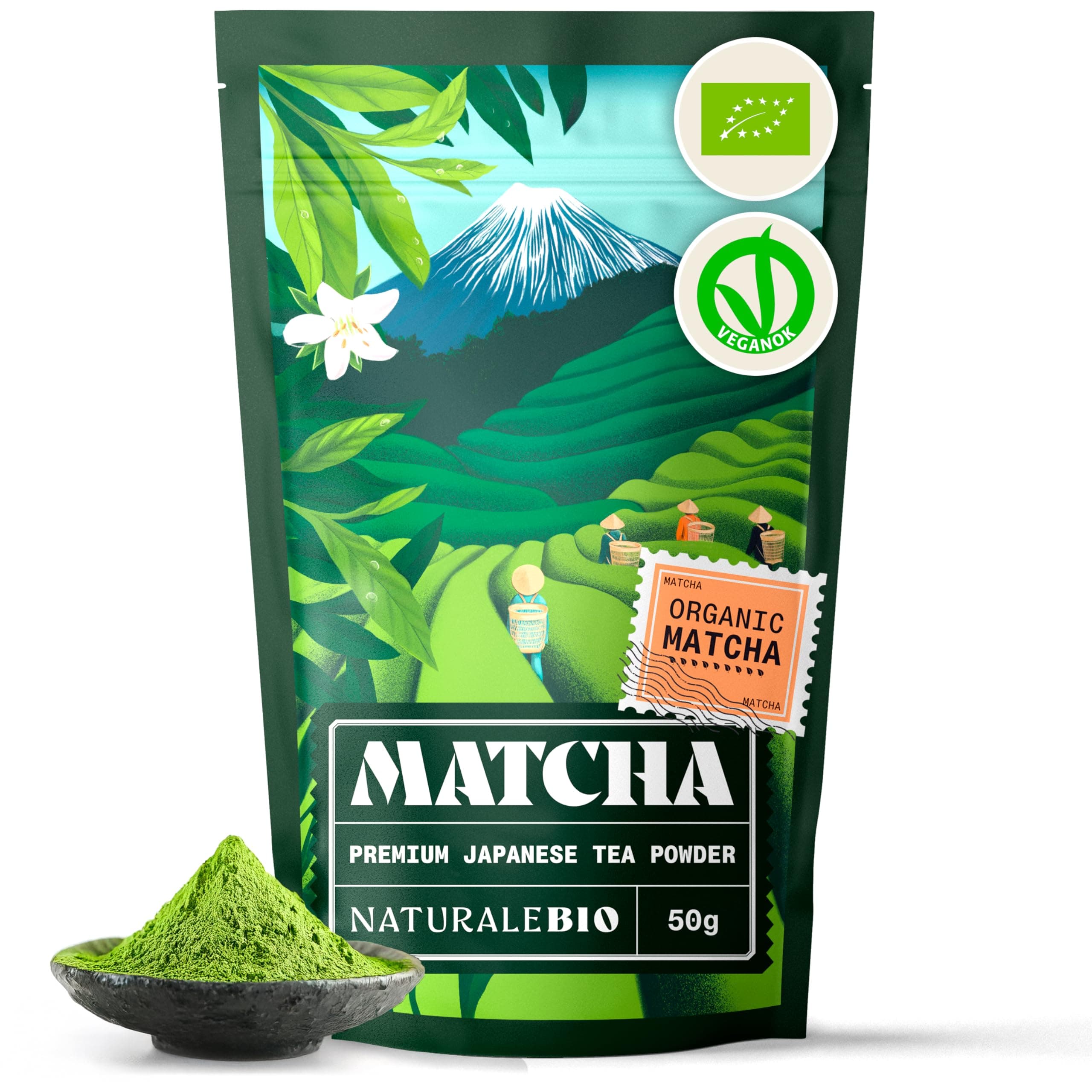 NaturaleBio Japanese Organic Matcha Green Tea Powder - Premium Grade - 50g. Tea Produced in Japan, Uji, Kyoto. Use for Drinking, Smoothie Making and with Milk. Vegan & Vegetarian Friendly
