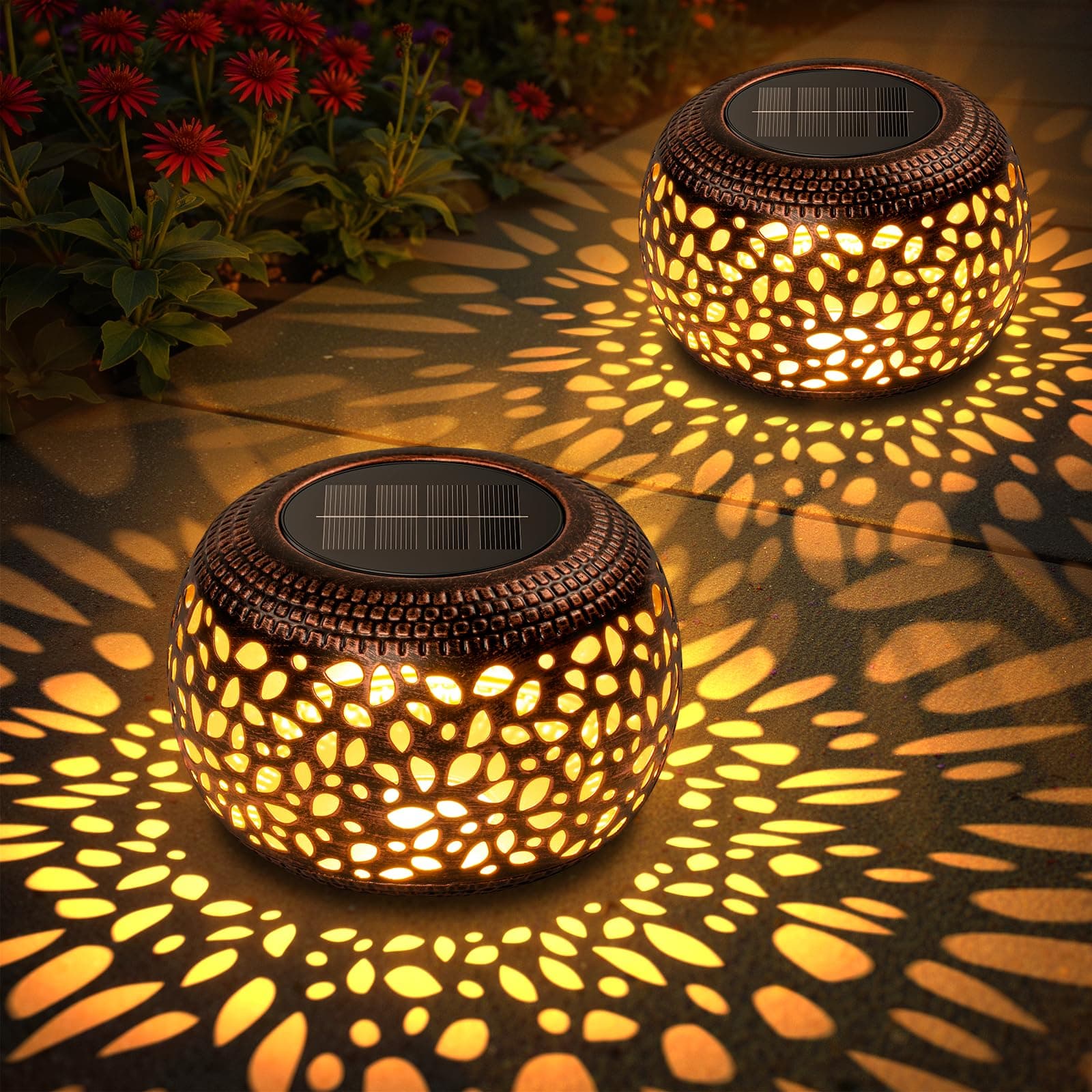 Solar Lanterns Outdoor Waterproof: 2 Pack Hollow Out Retro Metal Lantern Lights - Solar Lantern Decorative - Gardening Gifts for Women Mother's Day, Outside Garden Yard Patio & Indoor Tabletop Decor
