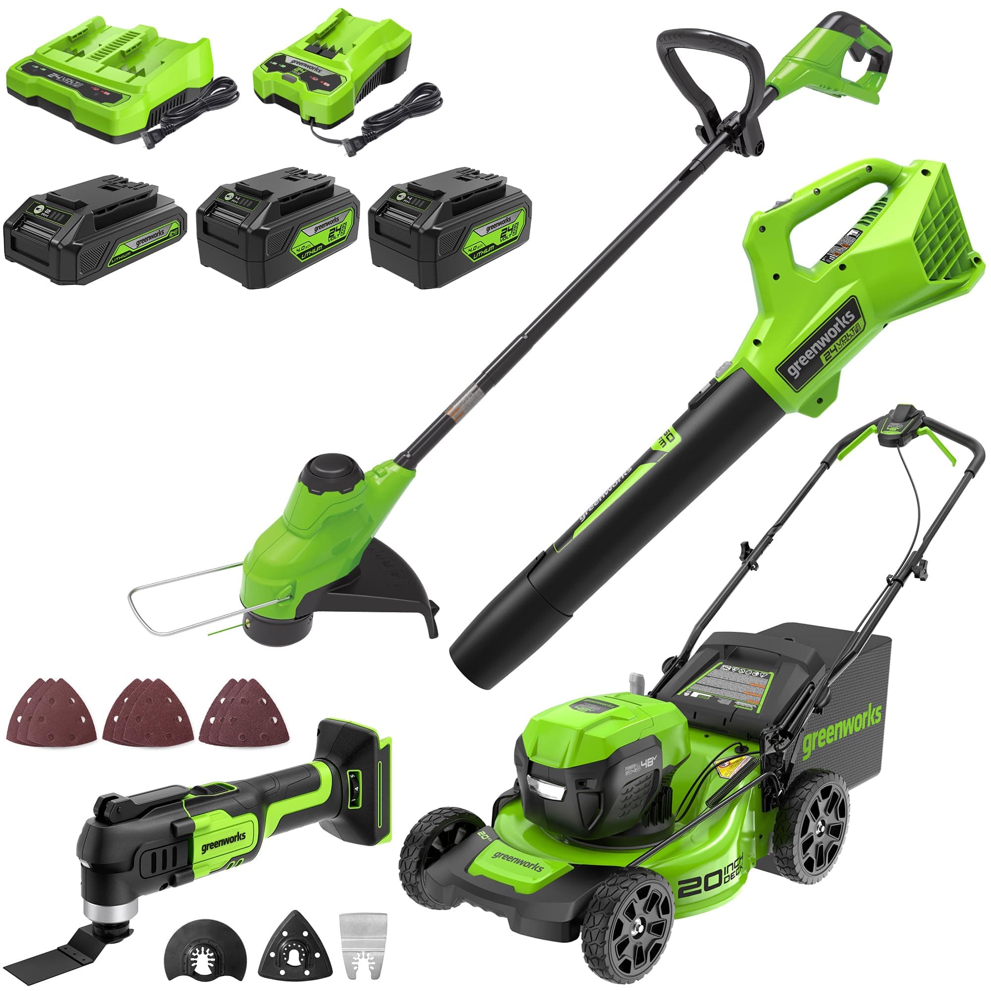 Greenworks 48V (24V x 2) All - in - One Cordless Combo - 20" Lawn Mower, 12" Trimmer, 320 CFM Blower & 24V Multi - Tool