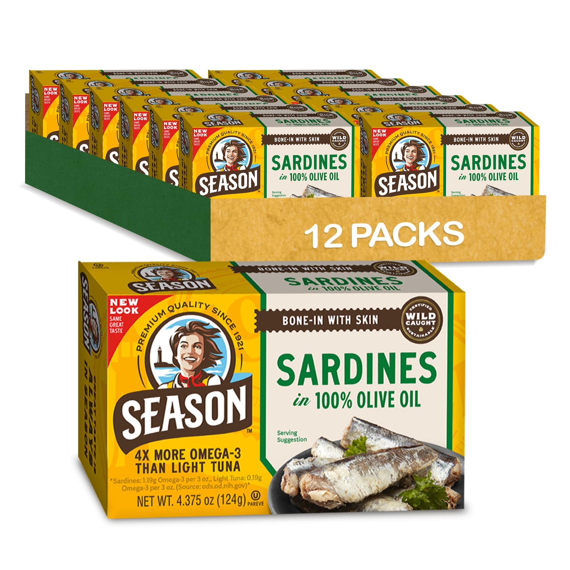 Season Sardines in Pure Olive Oil, 4.375-Ounce Tins (Pack of 12)