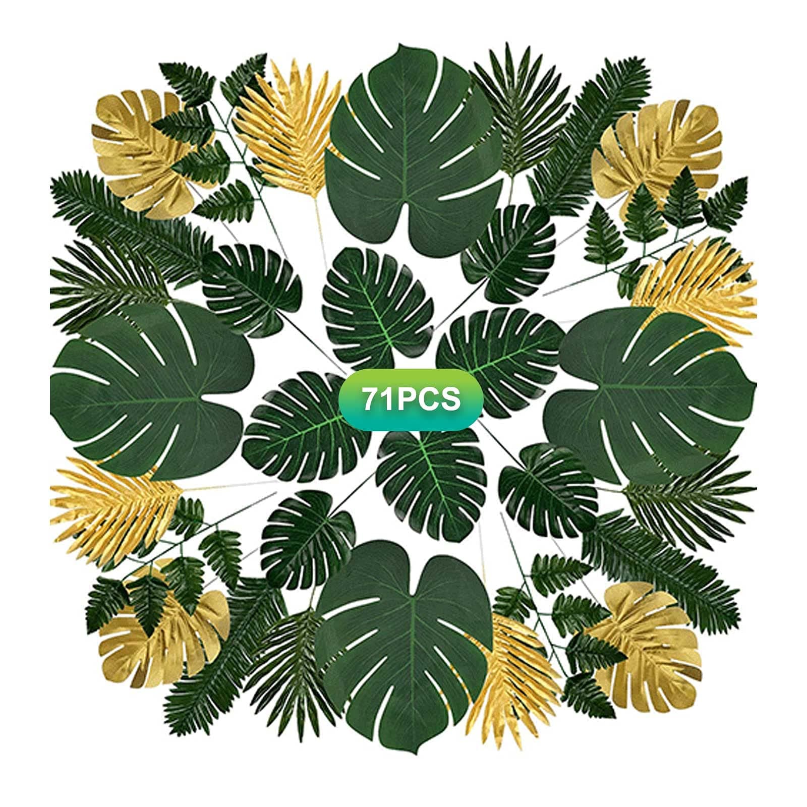 Luxiya Fake Leaves Palm Leaves Artificial Tropical Leaveswith Stems Golden Green Jungle Plant Leaf Safari Decoration Fake Leaves for Hawaiian Luau Party Birthday and Wedding, 71 PCS