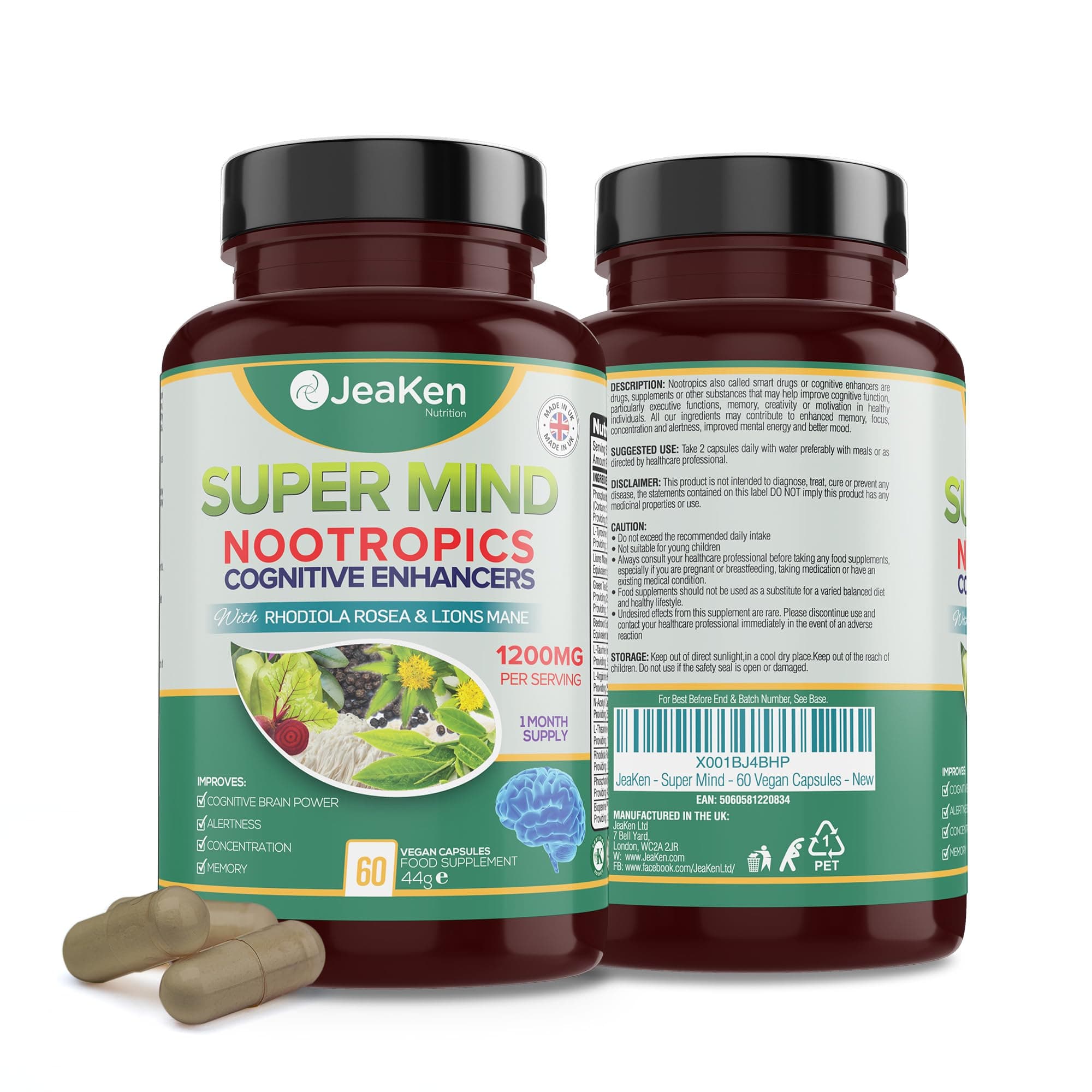 Super Mind Nootropics Supplements, Beetroot Capsules with Rhodiola Rosea, Lions Mane, L-Theanine and More, Boosts Focus, Alertness and Memory, 1200mg per Serving, 60 Vegan Capsules