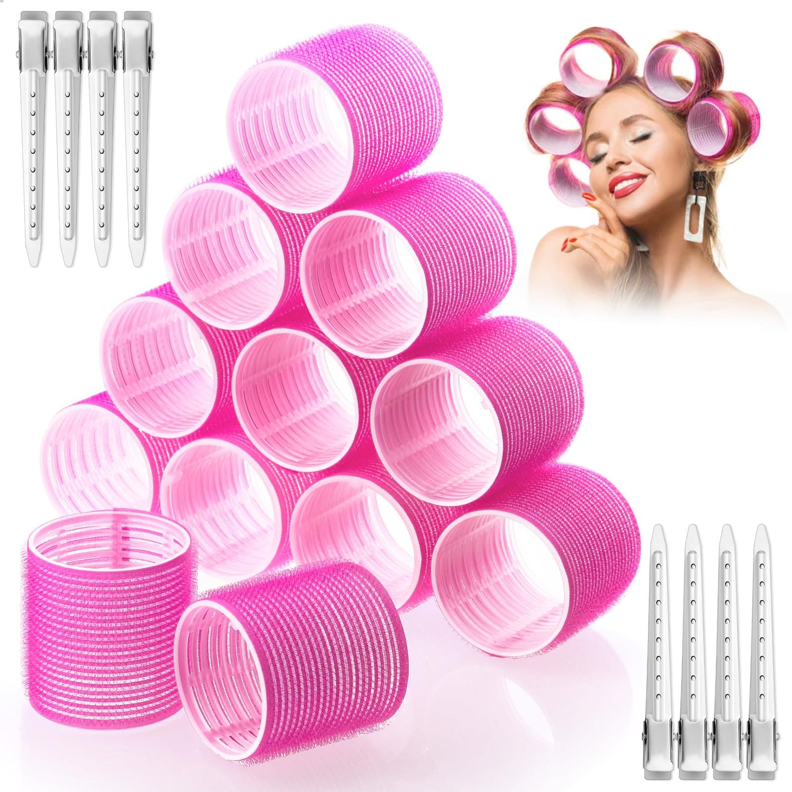 Acejoz Jumbo Hair Curlers Rollers, Gikasa 24Pcs Big Hair Rollers Set Hair Curlers Self Grip Holding Rollers with Stainless Steel Duckbill Clips for Long Medium Short Thick Fine Thin Hair Bangs Volume