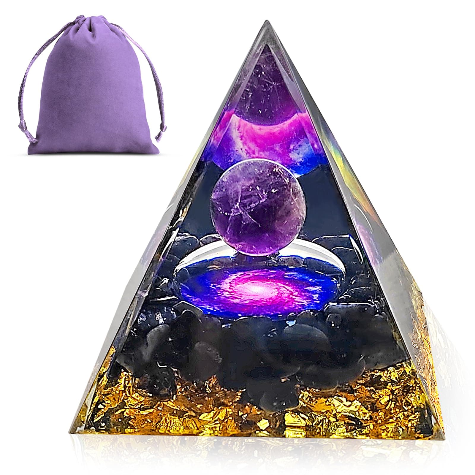 Crystal Pyramid, Moonstone Crystal Ogan Chakra Energy Tower, Amethyst Orgone Pyramid Positive Energy Generator, Nature Reiki Chakra Crushed Stone Jewelry (Amethyst & Milky Way)
