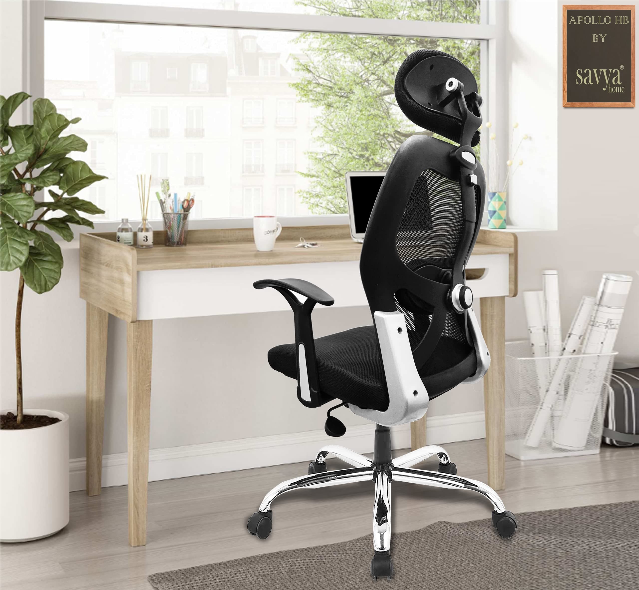 SAVYA HOME® Apollo Executive Ergonomic HB Mesh Office Chair| 2D Lumbar Support| 2D Headrest| Height Adjustable Seat |T Type Armrest|Tilt Feature |Mid Back (Black, Qty-1)