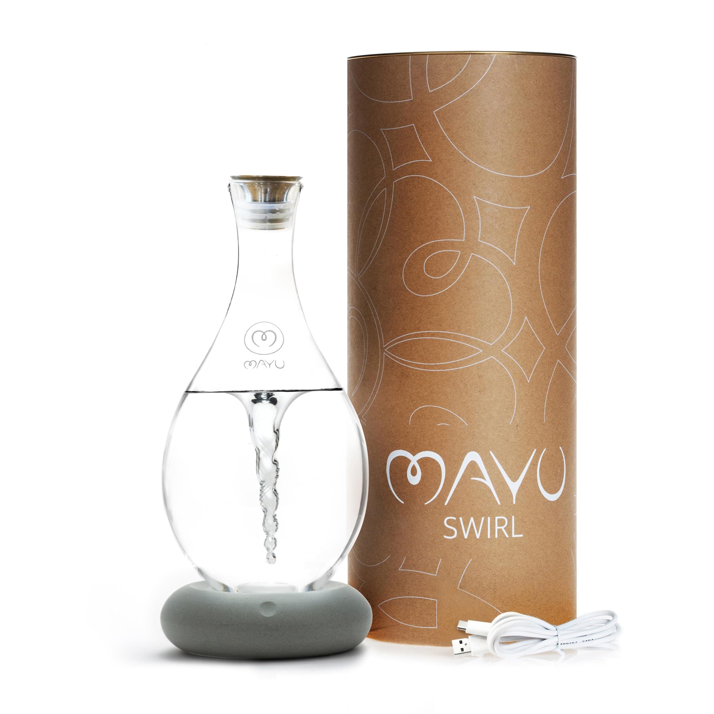 MAYU Swirl Structured Water Carafe - Innovative Vortex Technology Handblown Pitcher. Post Reverse Osmosis Filter Aerating Water Dispenser Stand 1.5 Liter| 51 Oz Dining Glass Jug Design (Dolomite Base)
