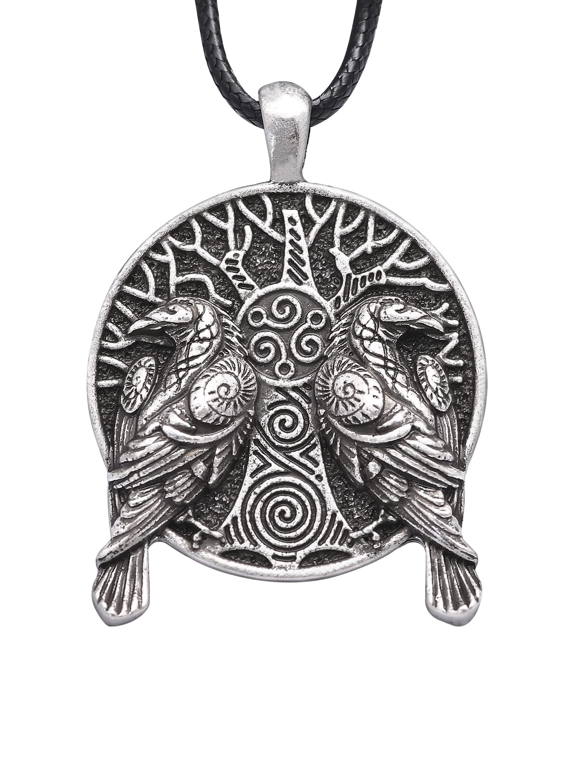 HAQUIL Raven Necklace, Huginn and Muninn Tree of Life Pendant, Faux Leather Cord, Viking Jewelry Gift, Zinc