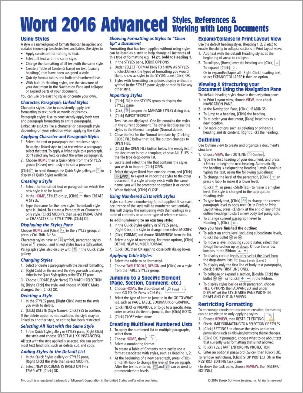 Microsoft Word 2016 Advanced Quick Reference Guide - Windows Version (Cheat Sheet of Instructions, Tips & Shortcuts - Laminated Card)