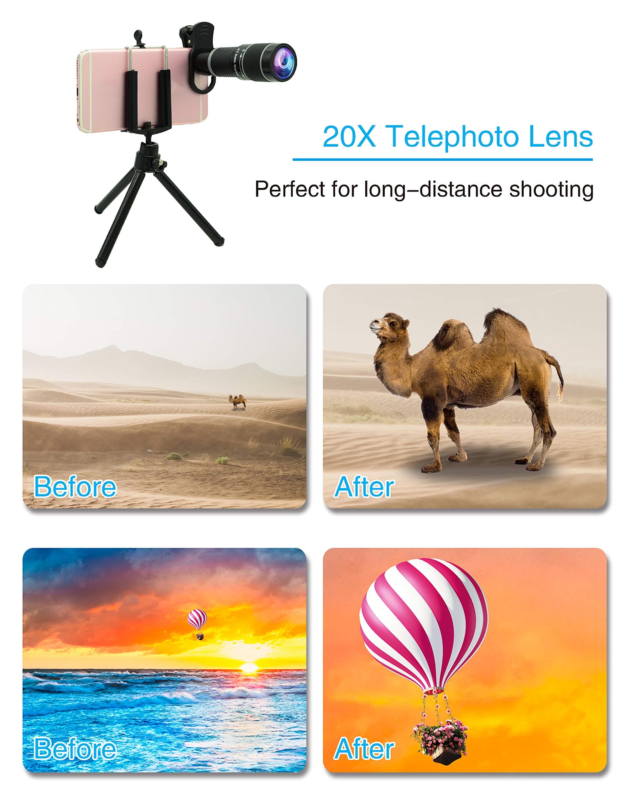 Cell Phone Camera Lens Kit,11 in 1 Universal 20x Telephoto Lens,0.63Wide Angle+15X Macro+198°Fisheye+2X Telephoto+Kaleidoscope+CPL/Starlight/Eyemask/Tripod,for Most iPhone Smartphone