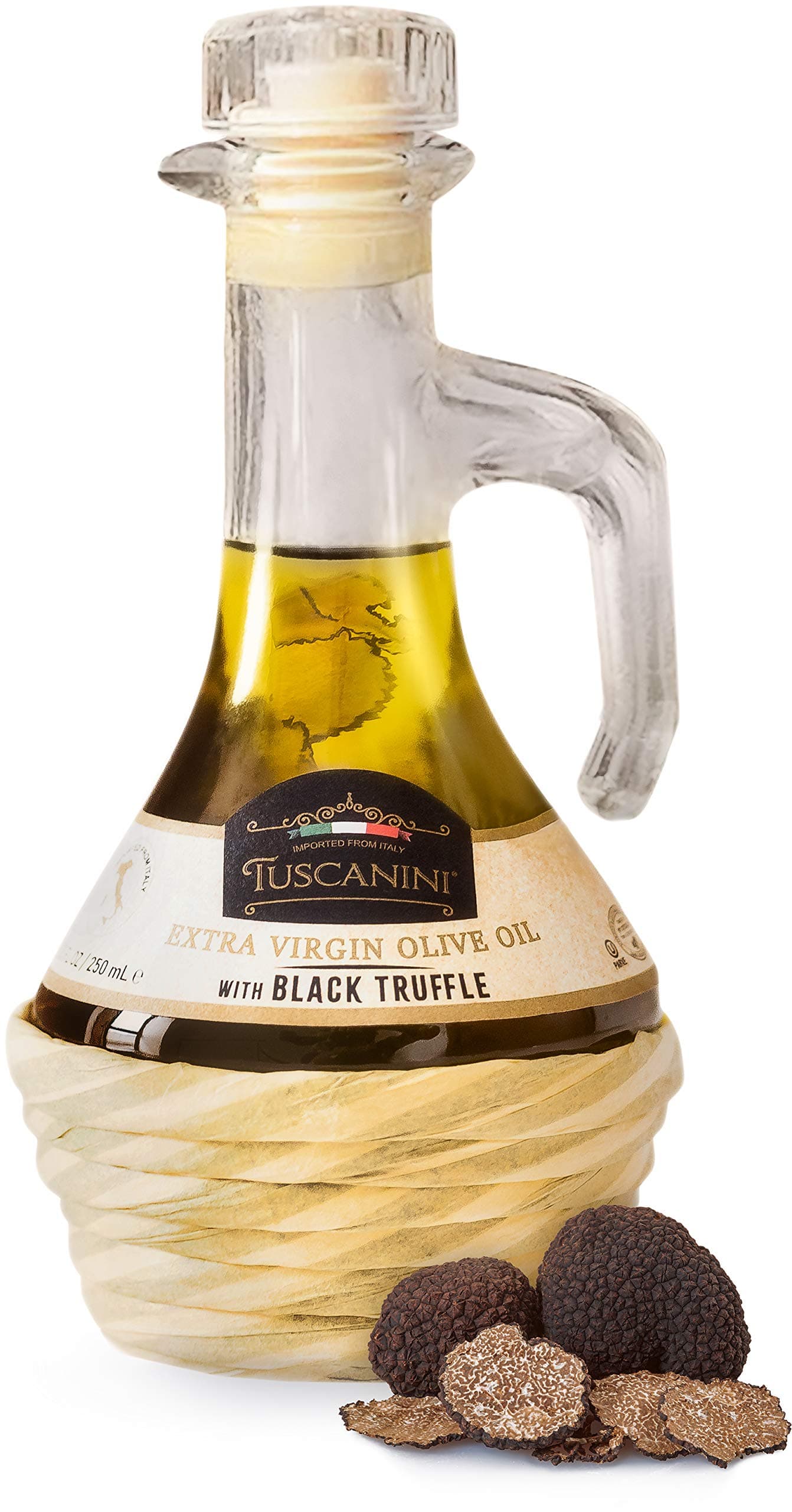 Tuscanini Black Truffle Oil, Made With Premium Italian Extra Virgin Olive Oil, Real Truffle Shavings in the Bottle, 250ml, Cold-Pressed, Fine Tasting, Non GMO, Product of Italy