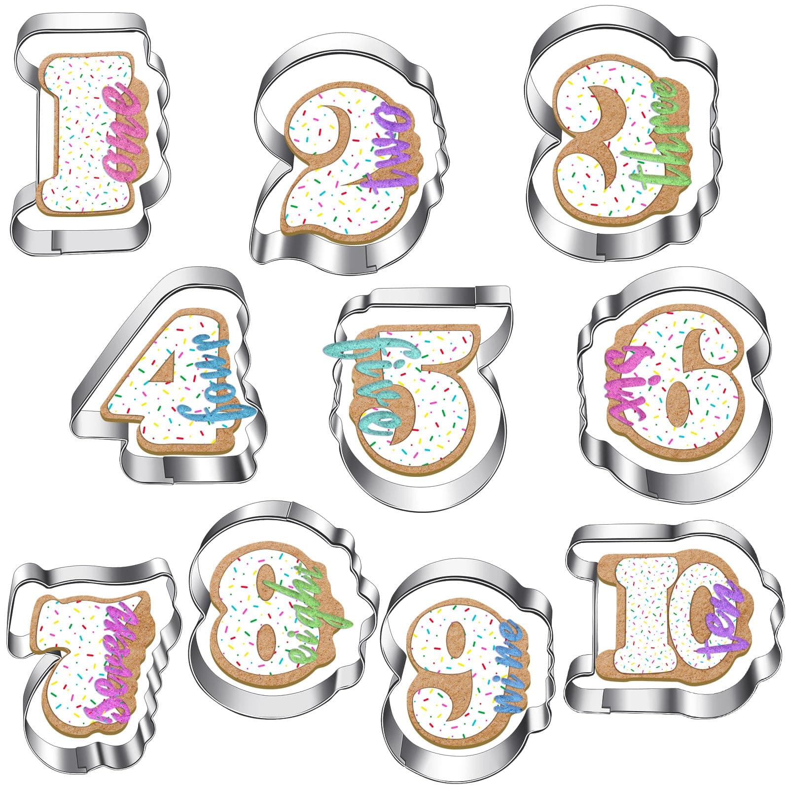10 Pieces Number Cookie Cutters Birthday Cookie Cutters Numbers with Words Vintage Cookie Cutter Number Cookie Mould for Home Birthday Baking Kitchen Biscuit Party Supplies