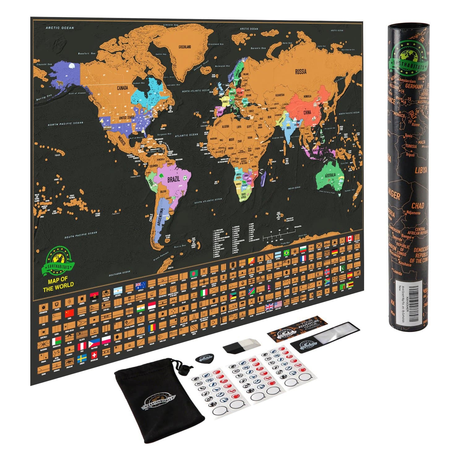 Earthabitats Scratch Off World Map Poster - Travel Map with US States and Country Flags, Tracks Your Adventures. Scratcher Included, for Travelers, By