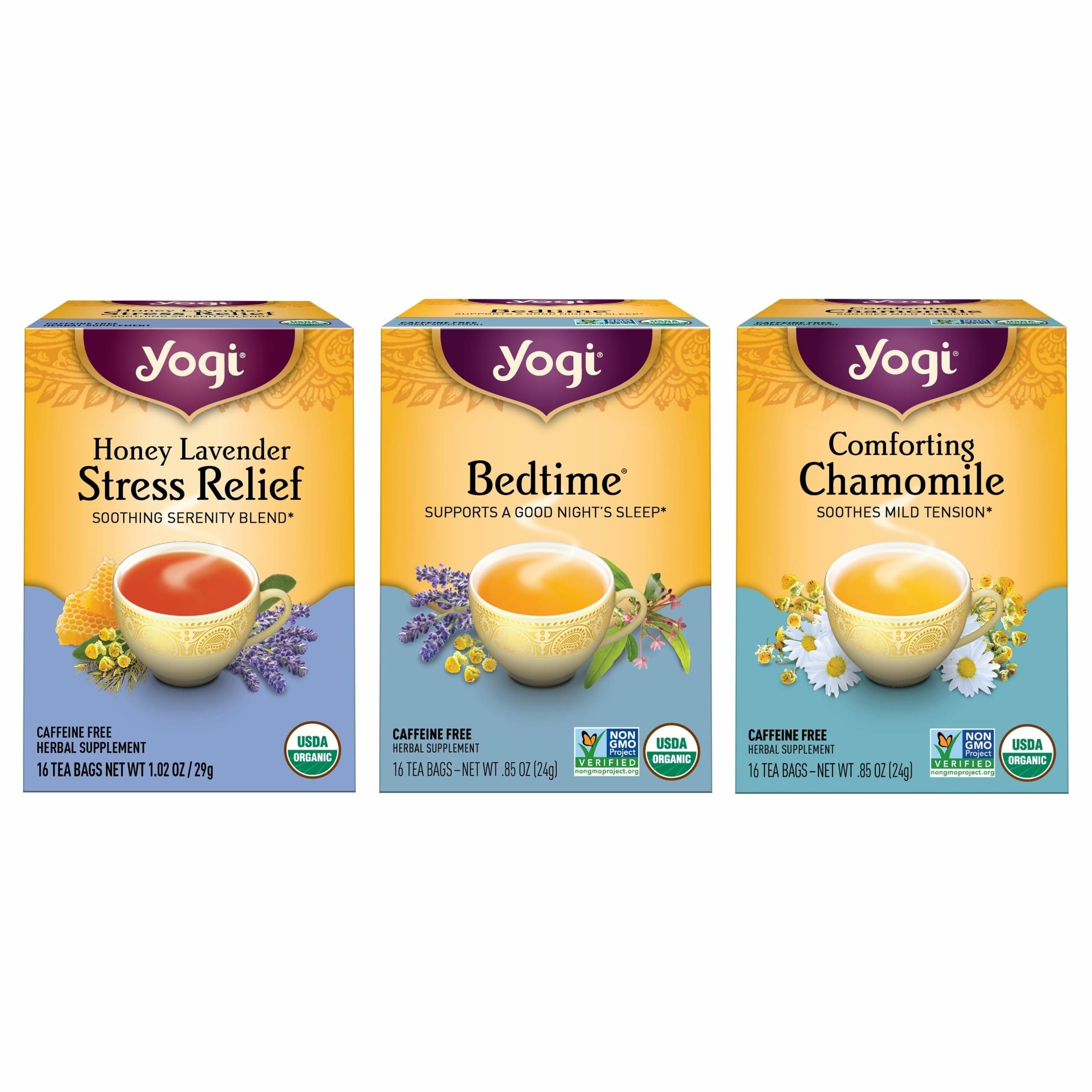 Yogi Tea Relaxation & Stress Relief Variety Pack - 16 Tea Bags per Pack (3 Packs) - Relaxing Tea Sampler - Includes Honey Lavender Stress Relief, Bedtime Tea & Comforting Chamomile