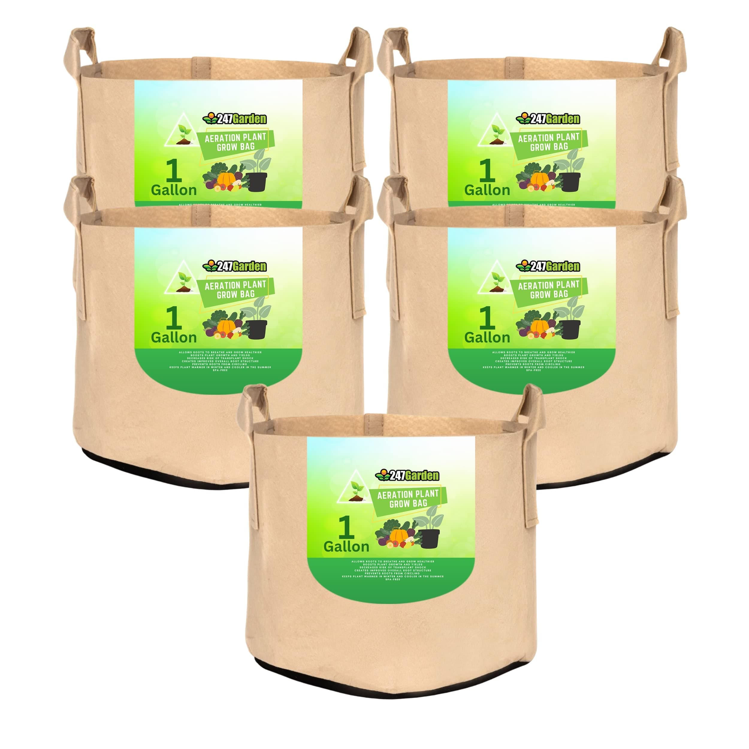 247Garden 5-Pack 1-Gallon Aeration Fabric Pot/Plant Grow Bag w/Handles (260 GSM, Tan w/Black Base, 6H x 7D)