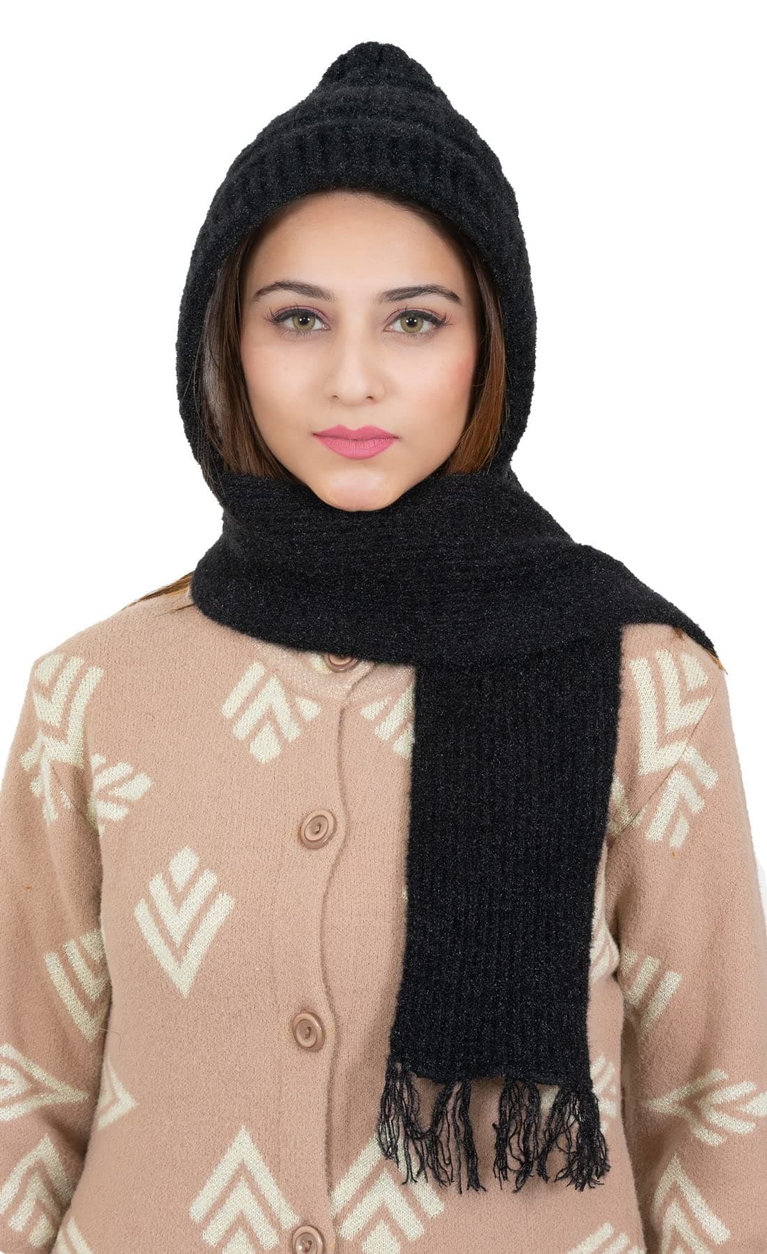 - Women Warm And Soft Winter Woolen Muffler Cap, Attached Scarf Cap Combo For Girls and Women (Classic Plain)