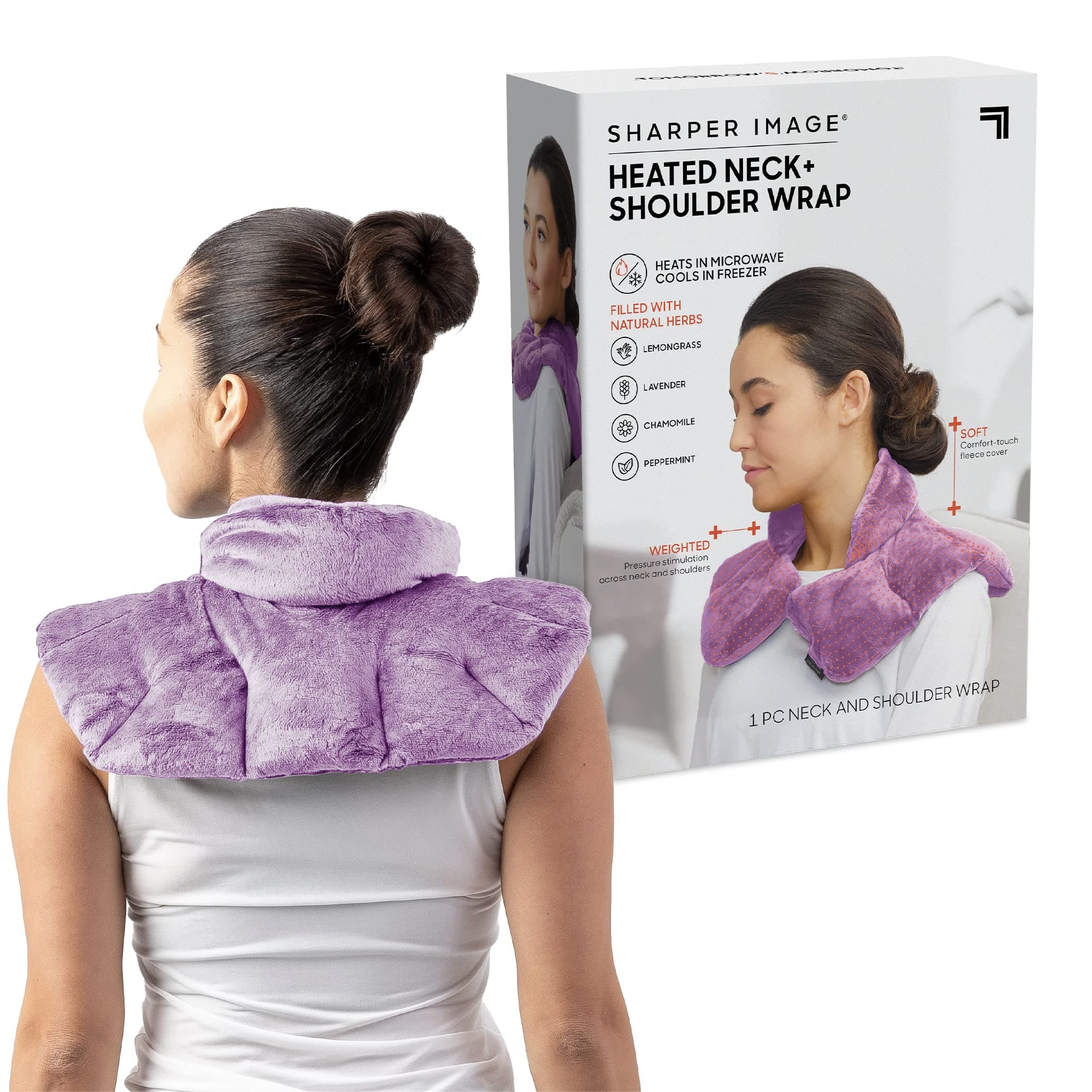 SHARPER IMAGE Warm and Cool Herbal Aromatherapy Neck & Shoulder Plush Wrap Pad Relieves Muscle Soreness and Tension Relief Therapy, 100% Natural Lavender & Herbal Spa Blend, Microwave or Freezer Safe