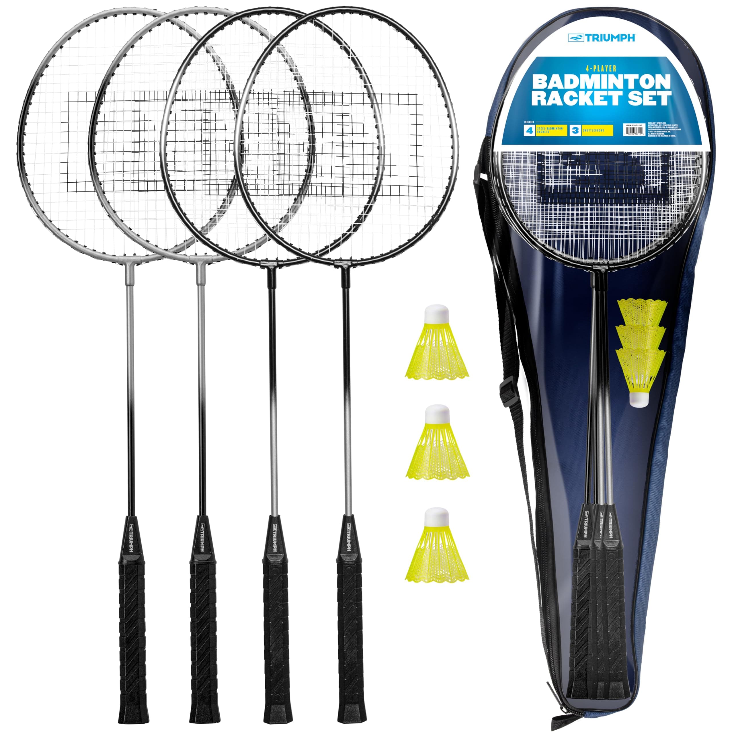 Triumph 4-Player Badminton Racket Set with 4 Steel Rackets, 3 Shuttlecocks, and Carry Bag – Outdoor Lawn Game for Backyard, Beach, Tailgates, Camping, and Family Activities