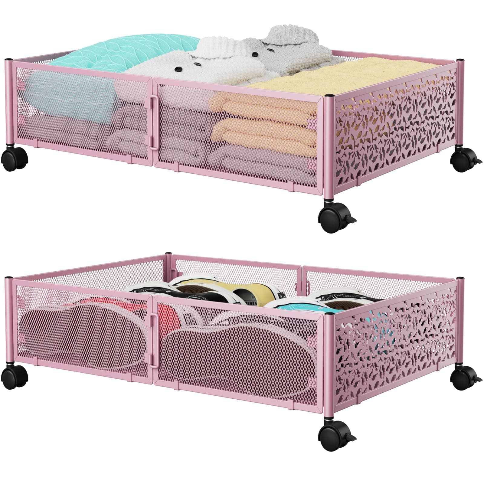 Under the Bed Storage Containers with Wheels, Under Bed Storage, Under Bed Shoe Storage Organizer Drawer, Tool-free Assembly Metal Underbed Storage Containers -Pink
