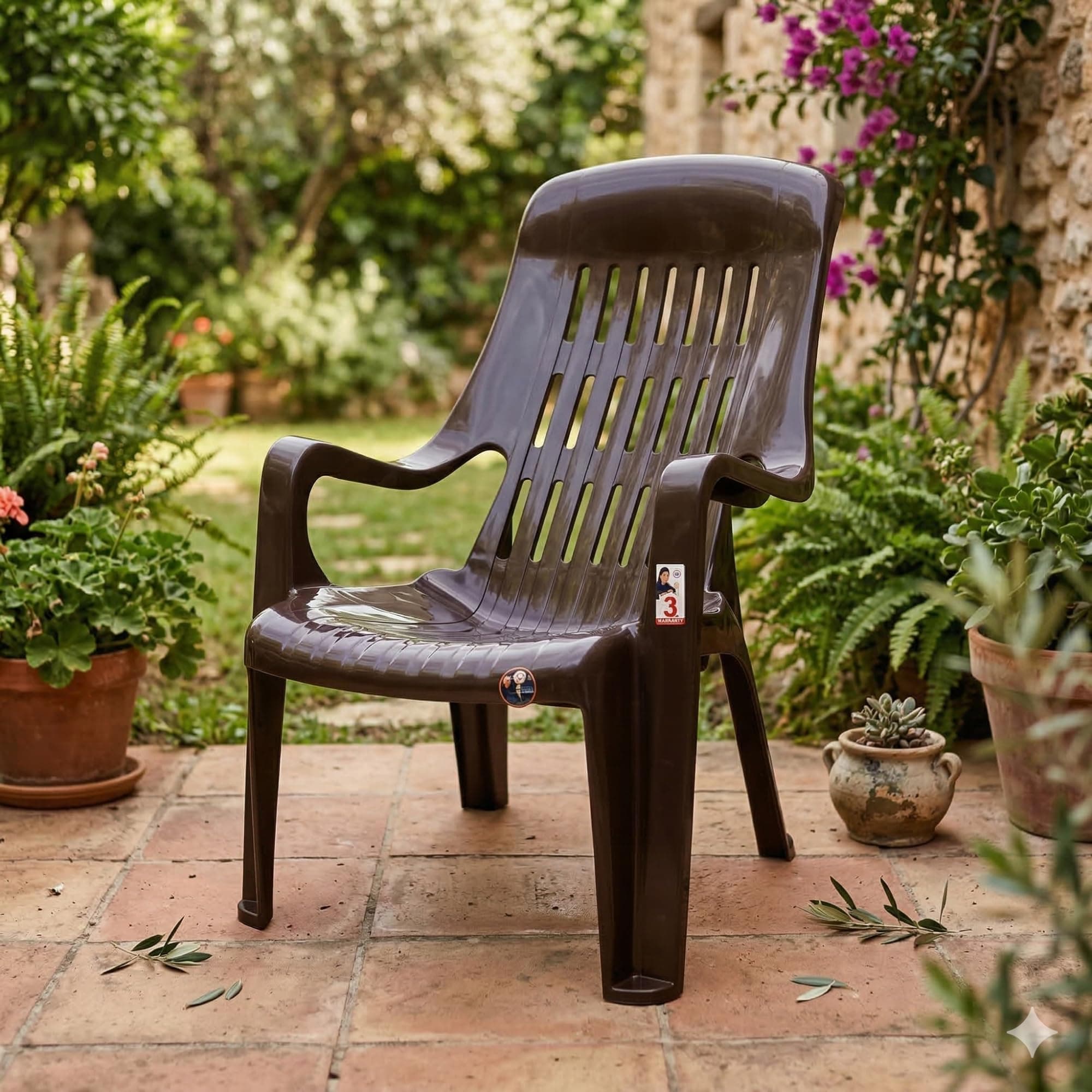 OAKNEST Premium Plastic Relaxing Chair with Armrests | Ergonomic High-Back Lounge Seating for Home, Garden & Balcony (Brown), Count of 1