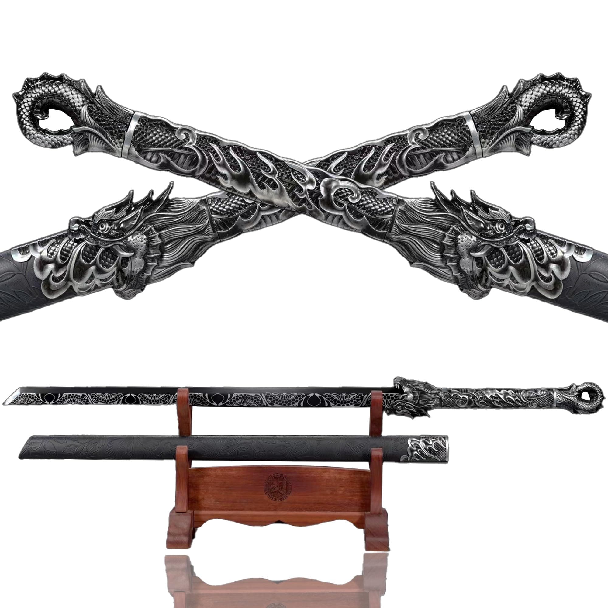 Chinese Sword Tang Dynasty Dao Carbon Steel Straight Blade Sharp Katana Dragon Pattern Sheath