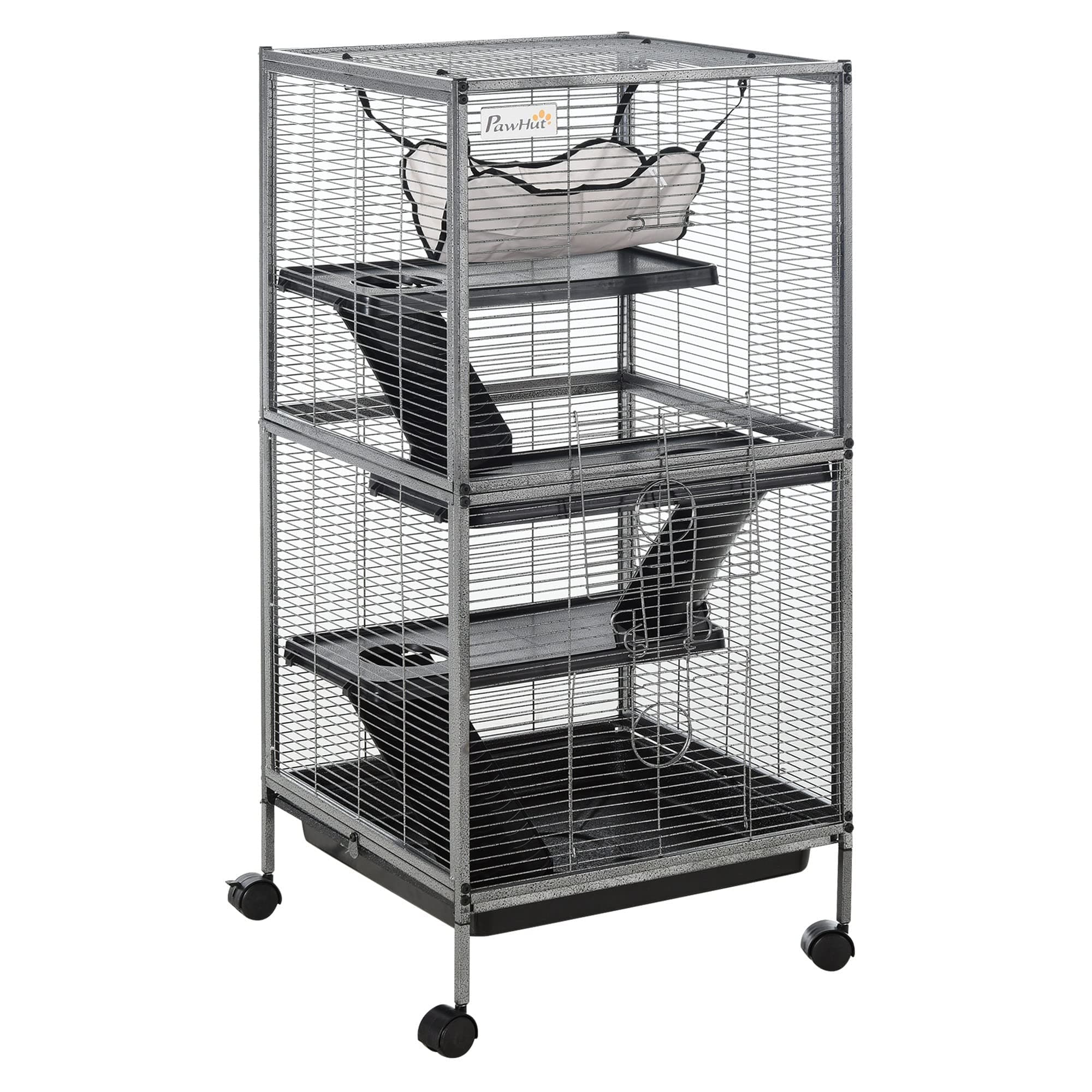 PawHut Metal Small Animal Cage, 4-Tiers Rolling Big Ferret Cage with Hammock, Removable Tray, for Chinchilla, Sugar Glider, Gray