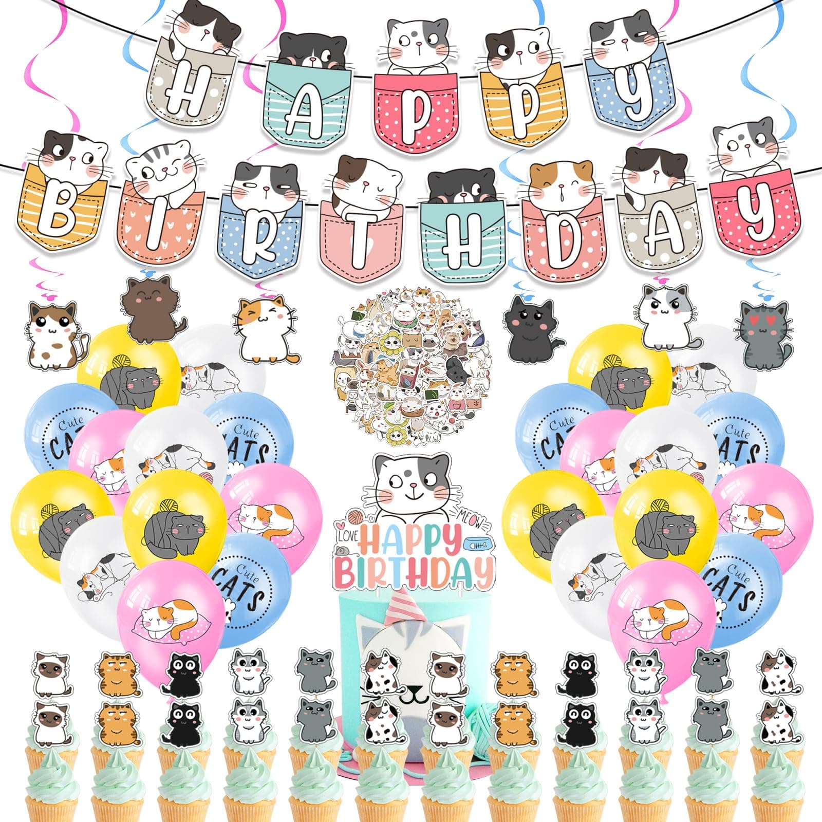 Zhanmai 106 Pcs Cat Theme Birthday Party Supplies Include Cute Happy Birthday Banner, Hanging Swirls, Cake Topper, Cupcake Toppers, Balloons and Stickers for Kids Children Cat Theme Party Decorations