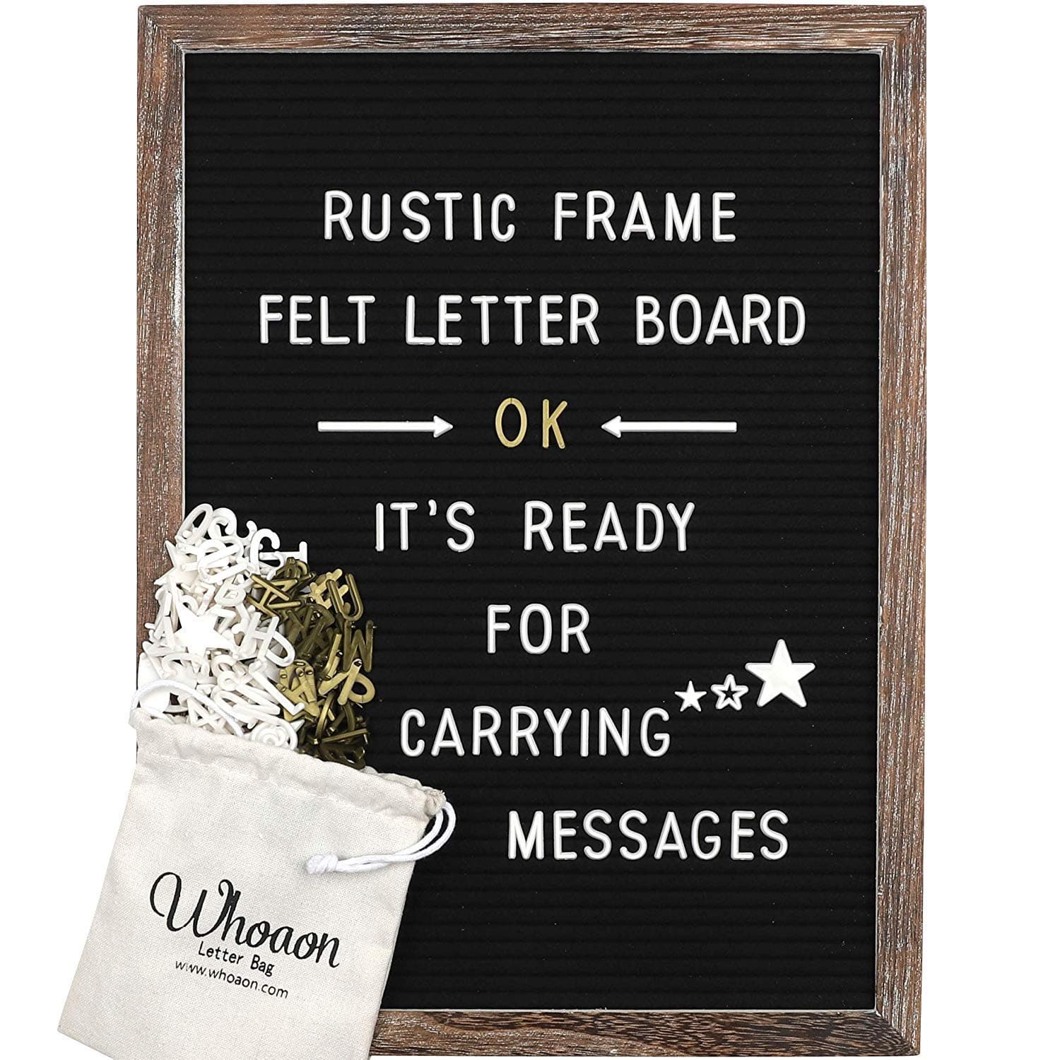 whoaon Rustic Wood Frame Black Felt Letter Board 12x16 inches. 440 White & Gold Letters, Months & Days Cursive Words, Additional Symbols & Emojis, 2 Letter Bags, Scissors, Vintage Stand.