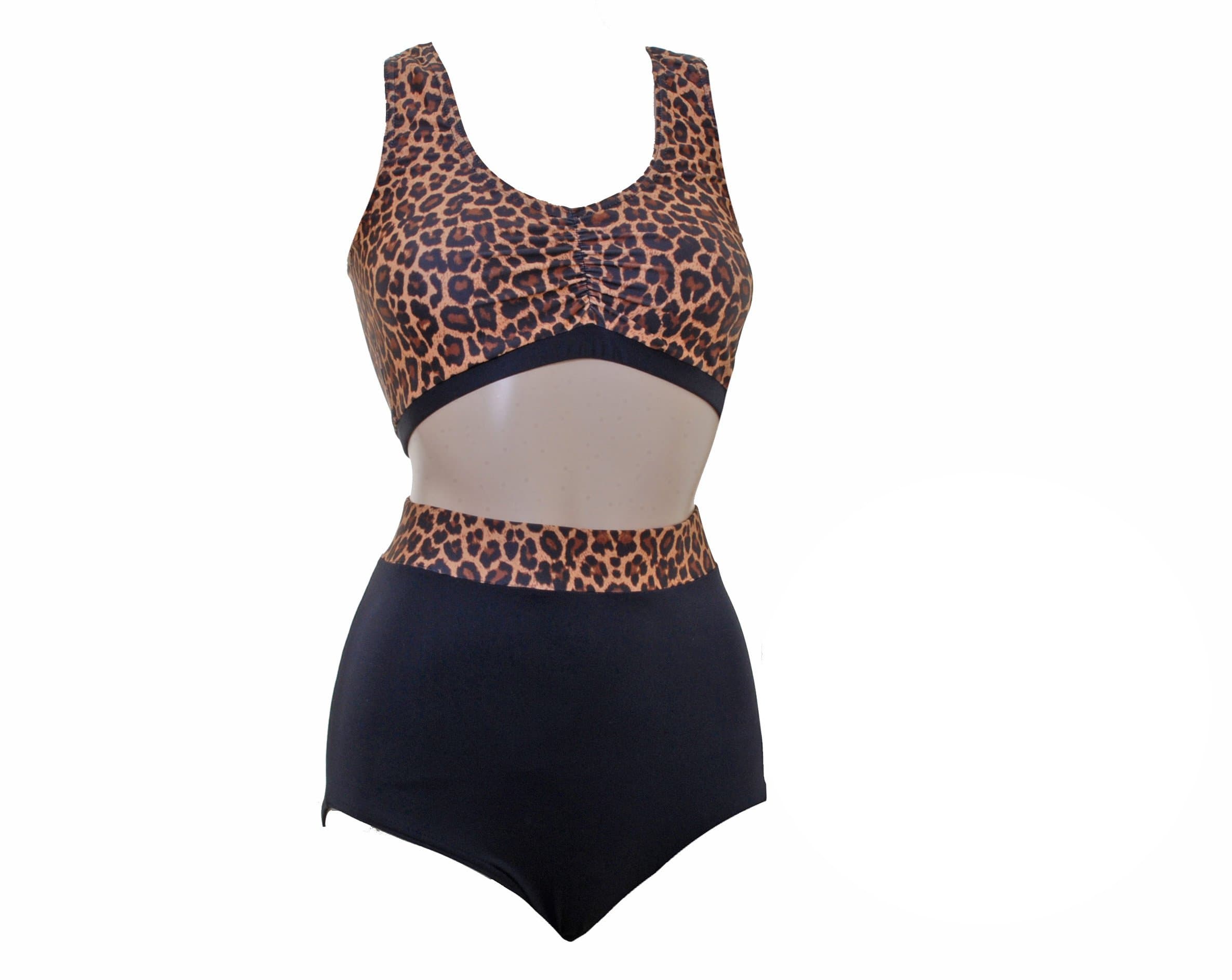 POLE DYNAMIXPole Dancing Set. Leopard Top with a Deep Roch Front and Racer Back. Shorts in Black Meryl with a Leopard Waistband (#t2a/p3a2)