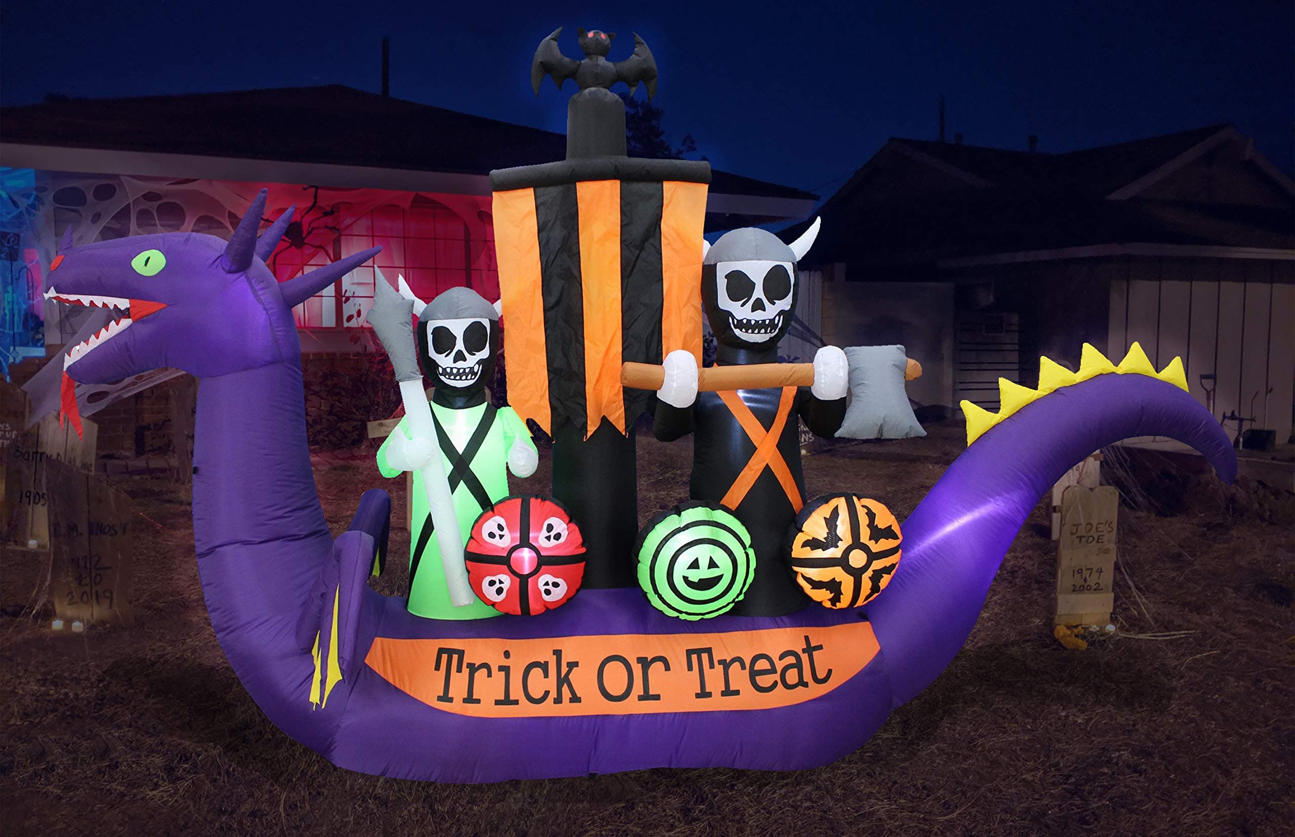 11 Foot Long Halloween Inflatable Dragon Pirate Ship Skeletons Scene Bat Ghosts Lights Lighted Blowup Party Decoration for Outdoor Indoor Home Garden LED Prop Yard Blow Up Lawn Decorations
