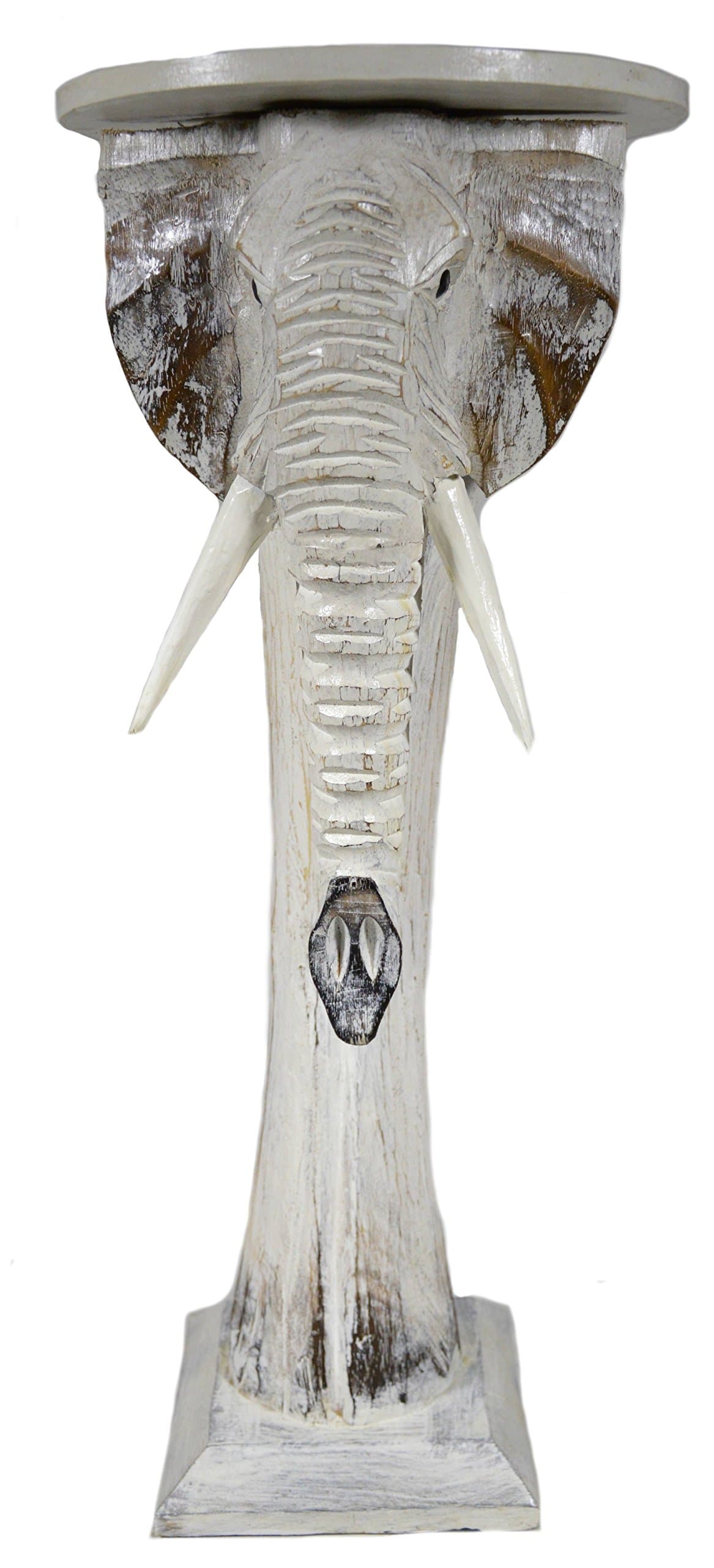 Hand Carved Wooden White Elephant End Table Plant Stand Sculpture Trunk Luck