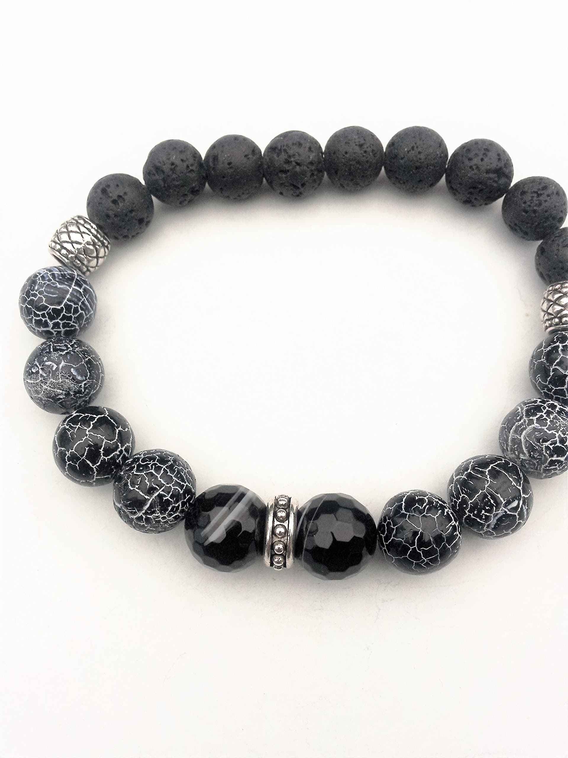 Men Bracelet Size 8 Black Beaded Snakeskin Agate Bracelet for Men