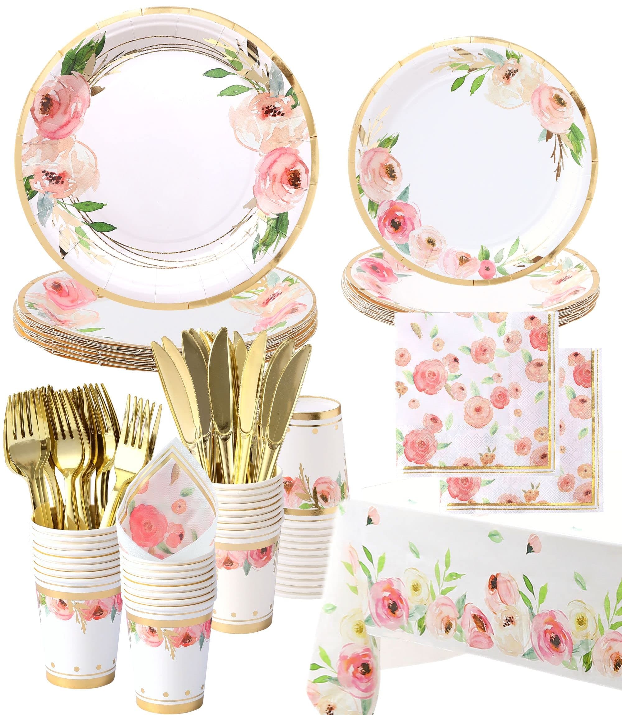 Floral Paper Plates and Napkins Party Supplies - Serves 16 - Flower Plates Floral Cups Knifes Forks Baby Shower Decorations for Girl Pink and Gold Bridal Shower Tea Party Birthday