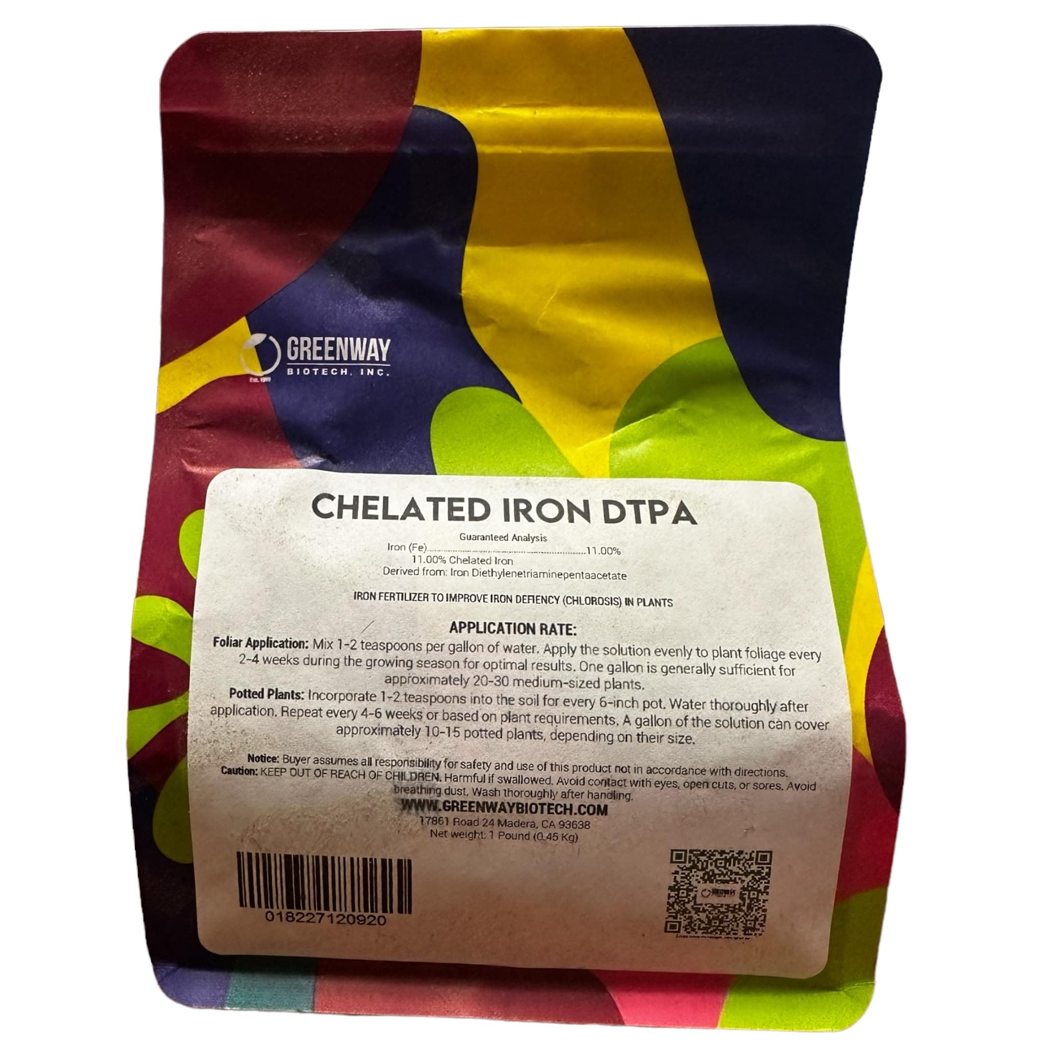 Greenway Biotech, Inc. Chelated Iron DTPA 11% - for Alkaline Soils (pH 4.0-7.5) - 100% Water Soluble Fertilizer for Citrus, Lawns & Hydroponics - Corrects Iron Chlorosis - Made in USA - 1 Pound