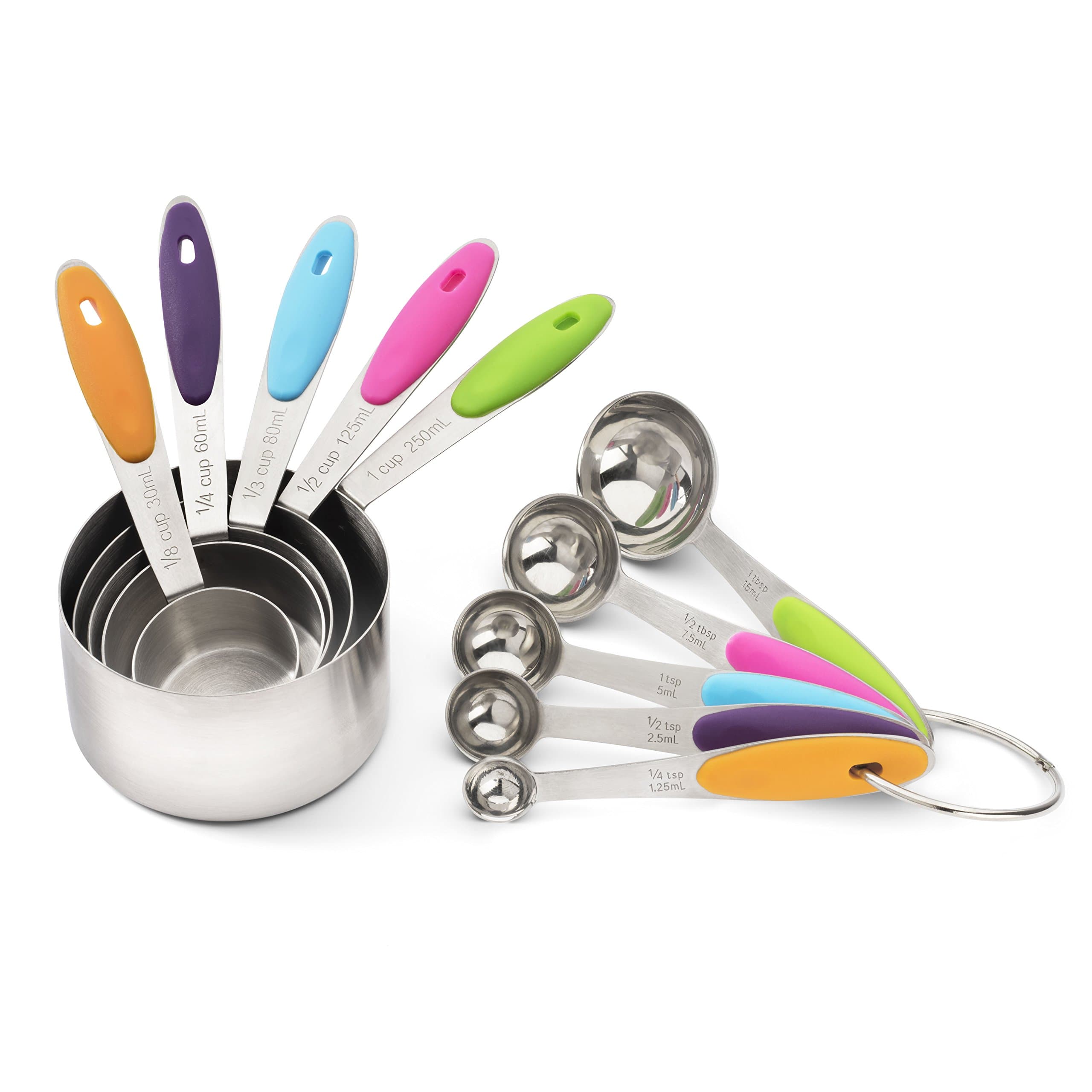 Measuring Cup and Measuring Spoon Set in Stainless Steel with Silicone Handles by Housely. Decorative Non-magnetic Metal For Dry Measurement Without A Spout. Measurements In Both US and Metric.