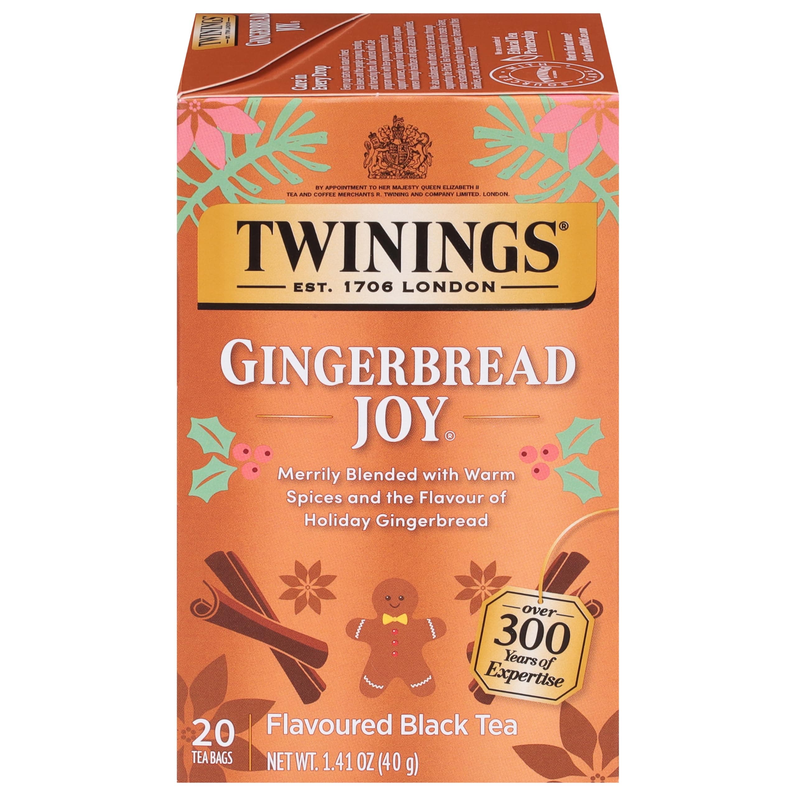 Twinings Gingerbread Joy Black Tea Individually Wrapped Bags, 20 Count (Pack of 1), Ginger & Cinnamon, Caffeinated, Enjoy Hot or Iced, 20 Teabags