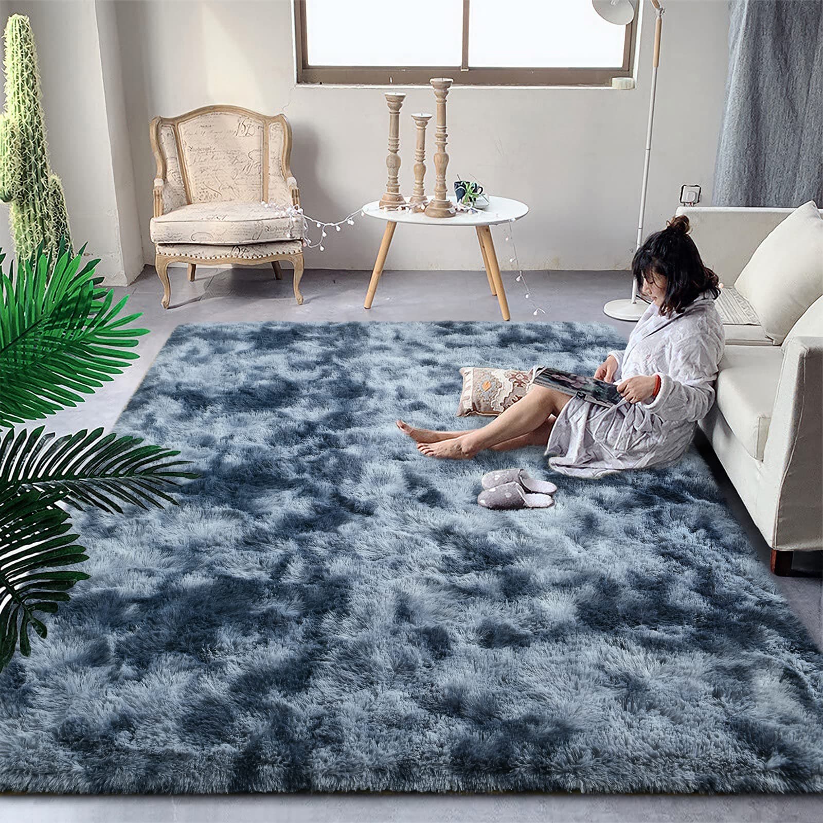 DweIke Fluffy Blue Grey Rugs for Bedroom Living Room, 4x6 Feet Soft Plush Shaggy Tie-Dyed Navy Blue Gray Girls Boys Kids Rug, Upgraded Non-Slip and Machine Washable Carpet for Dorm Nursery Decor