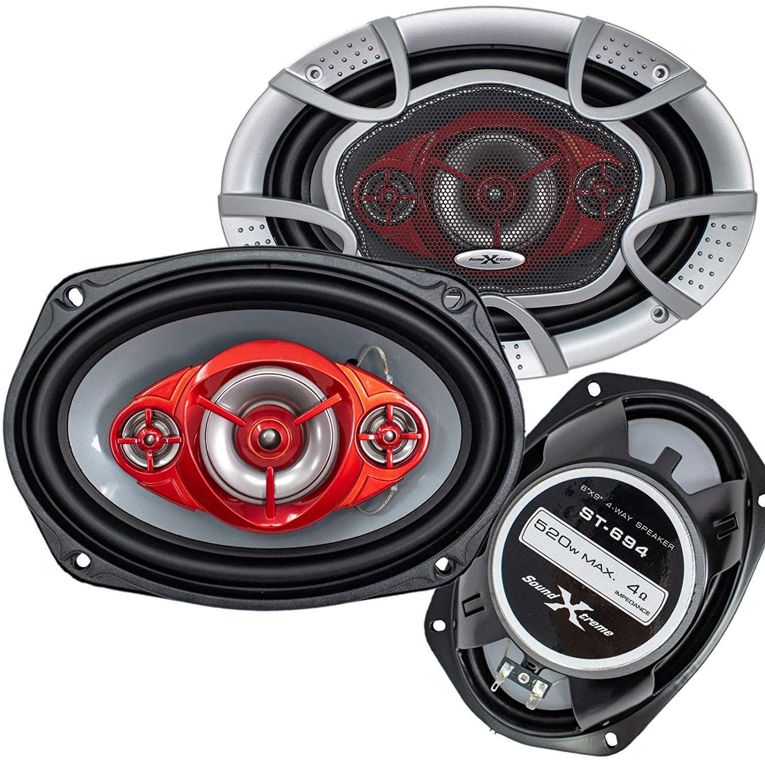 Pair of SoundXtreme 6x9 520 Watt 4-Way Red Car Audio Stereo Coaxial Speakers - ST694 (2 Speakers)