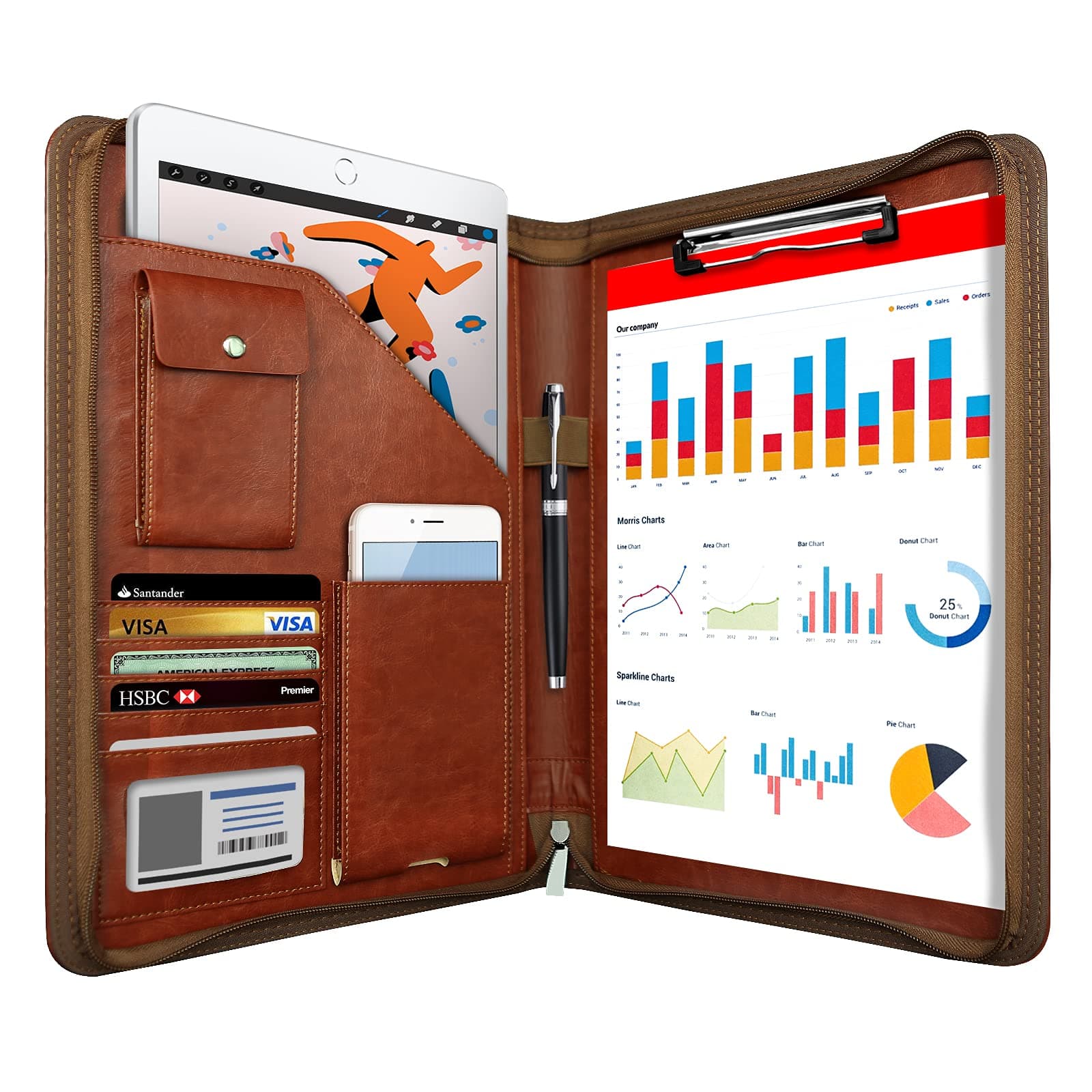 Zippered Padfolio Organizer, WRIYES Leather Planner Binder, 10.2 Inch Portfolio Folder for Documents, Letter Size Business Card Holder for Men&Women-Brown